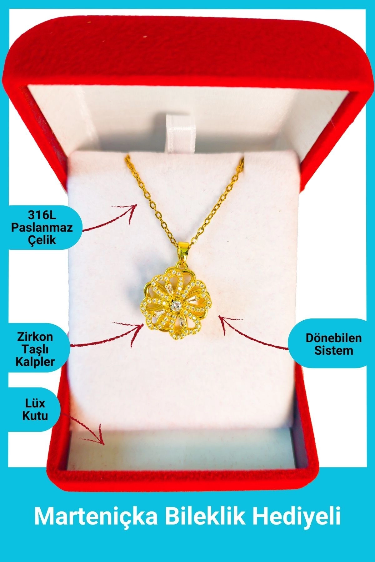 Lüx Kadife Kutuda | Dönen Yonca Kolye | 316l Çelik - Kararmaz | Hediye Kadın-0