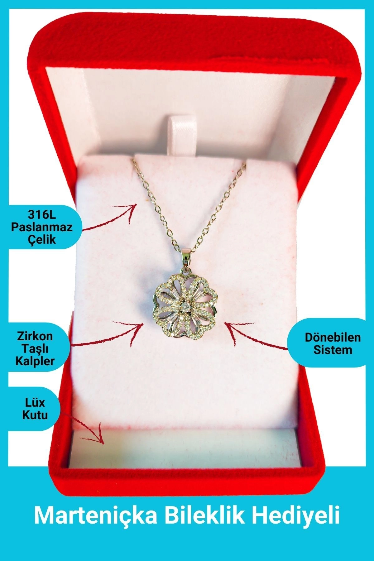Lüx Kadife Kutuda | Dönen Yonca Kolye | Gümüş Renk | 316l Çelik - Kararmaz | Hediye Kadın-0