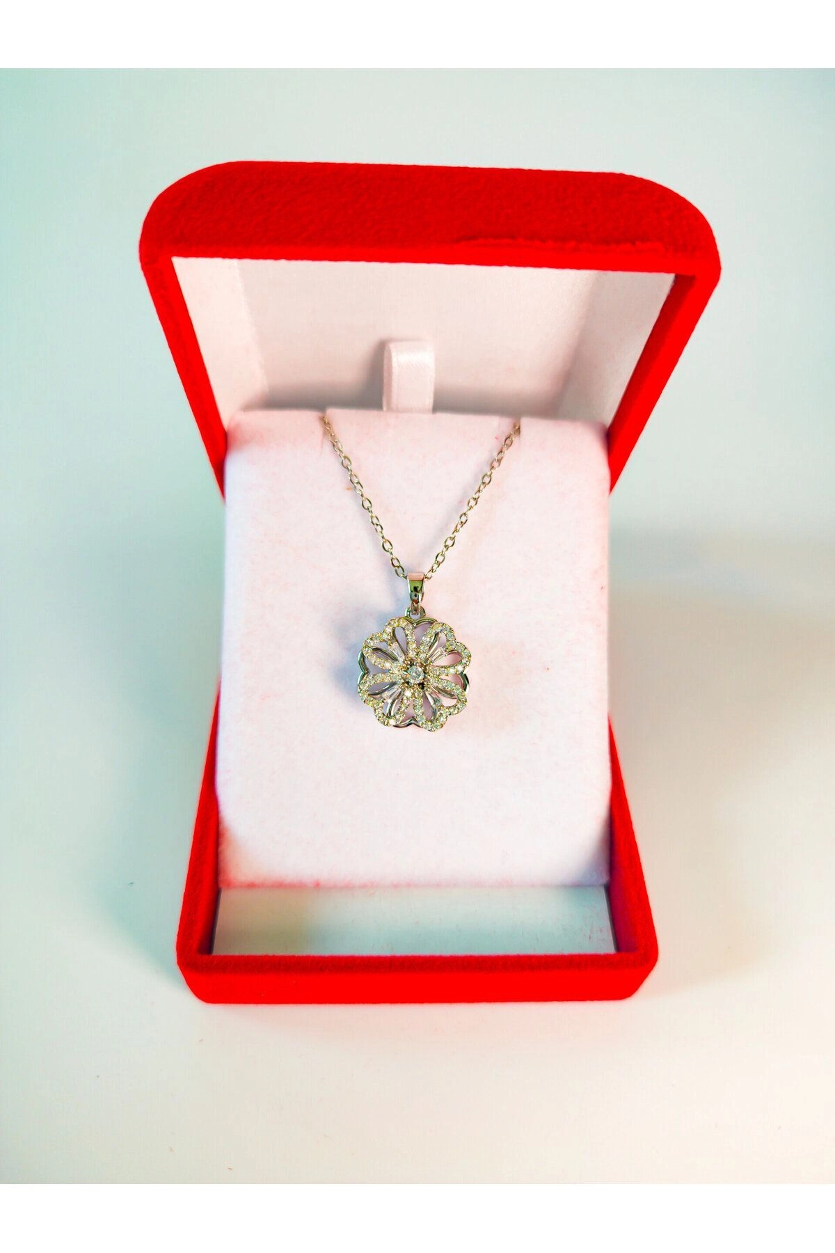 Lüx Kadife Kutuda | Dönen Yonca Kolye | Gümüş Renk | 316l Çelik - Kararmaz | Hediye Kadın-3