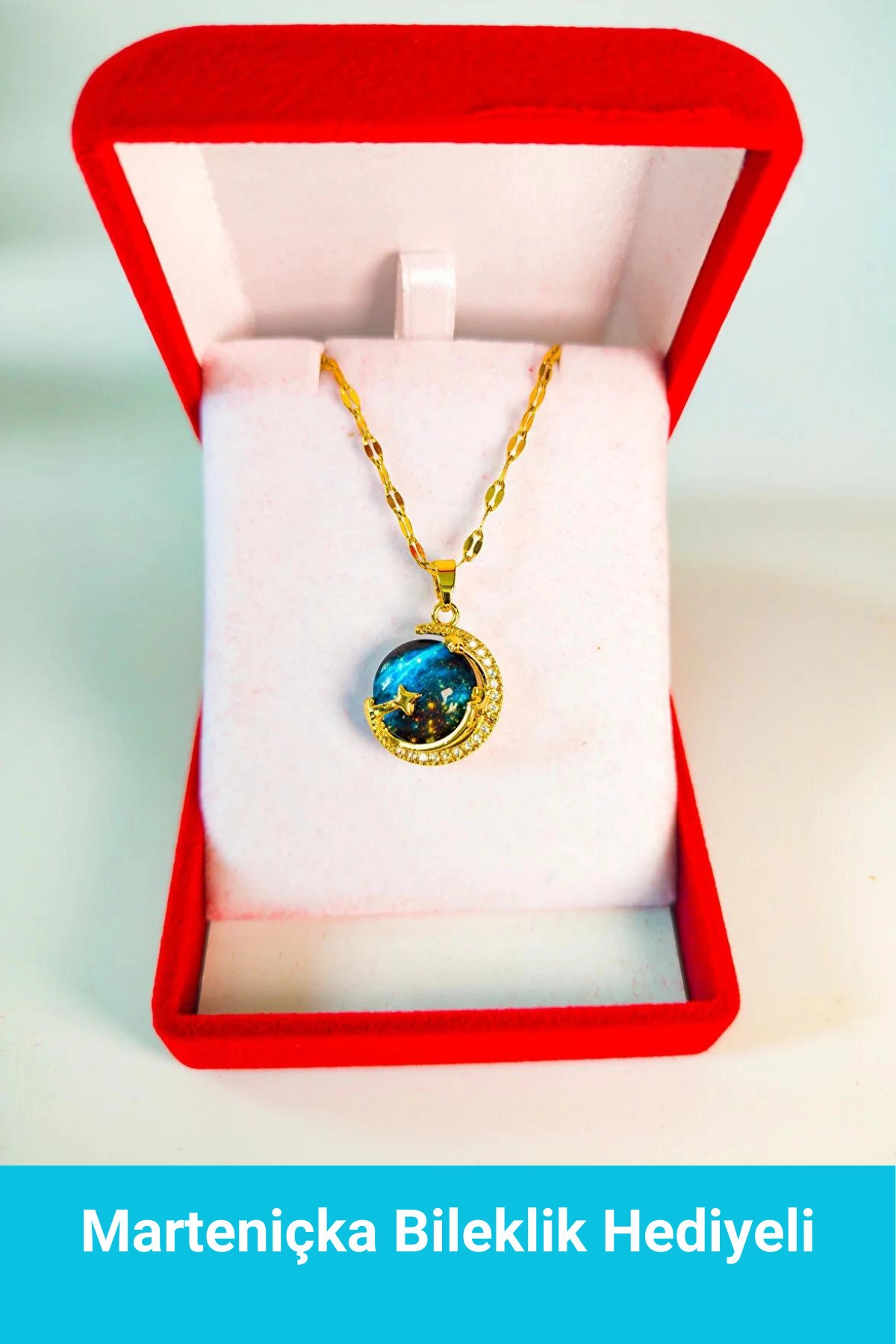 Lüx Kadife Kutuda | Gökyüzü - Gezegen Kolye | 316l Çelik - Kararmaz | Hediye Kadın-0
