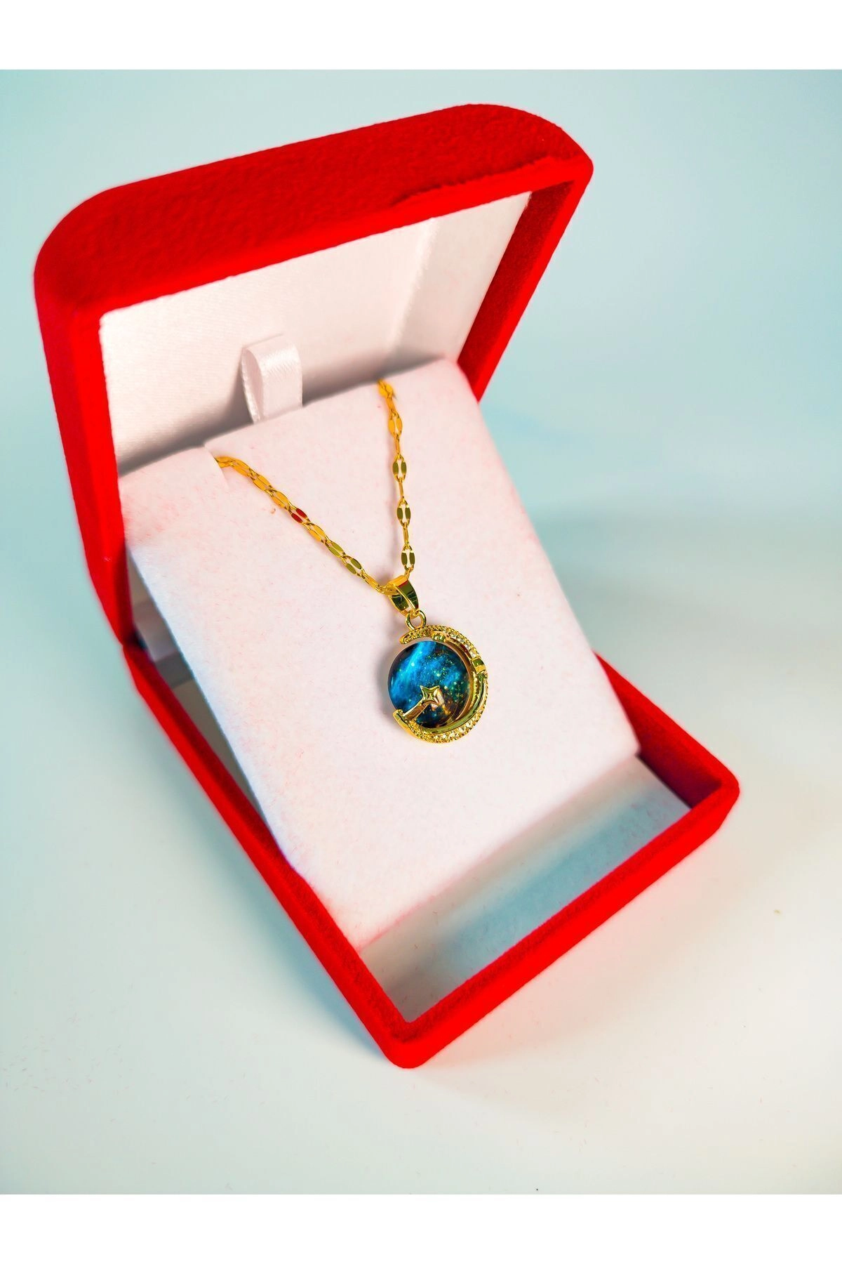 Lüx Kadife Kutuda | Gökyüzü - Gezegen Kolye | 316l Çelik - Kararmaz | Hediye Kadın-3