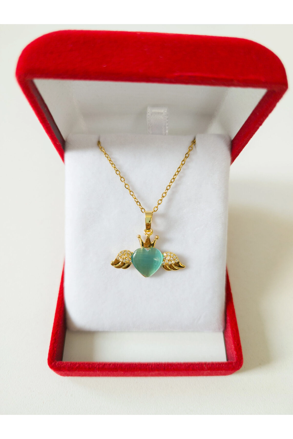 Lüx Kadife Kutuda | Kanatlı Mavi Kalp Kolye | 316l Çelik - Kararmaz | Hediye Kadın-0