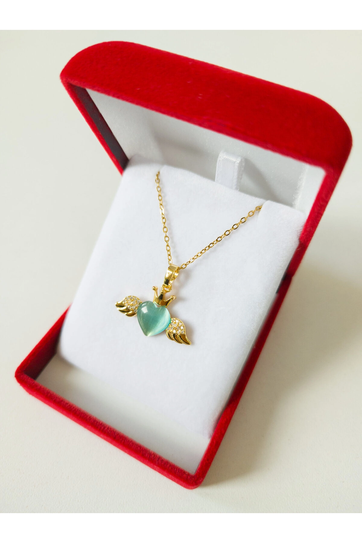 Lüx Kadife Kutuda | Kanatlı Mavi Kalp Kolye | 316l Çelik - Kararmaz | Hediye Kadın-3