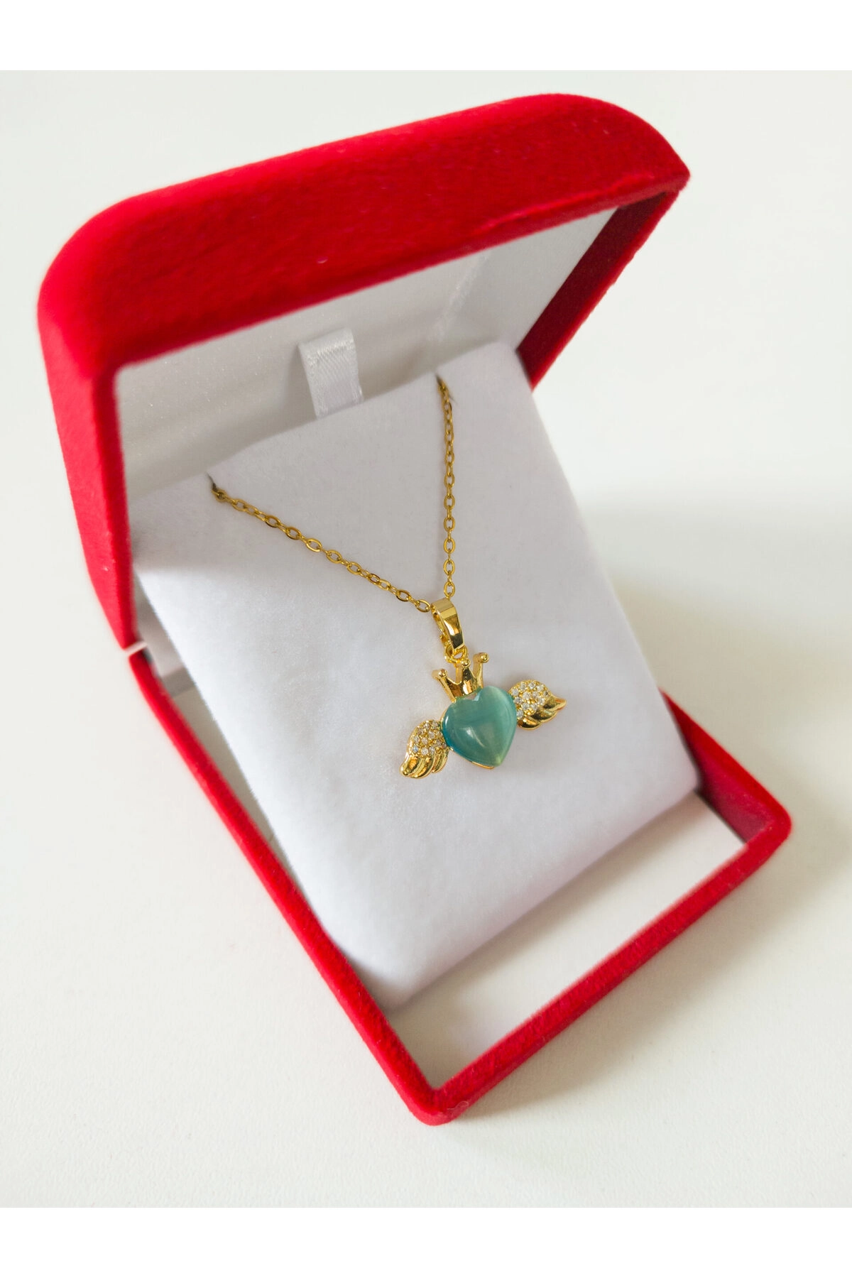 Lüx Kadife Kutuda | Kanatlı Mavi Kalp Kolye | 316l Çelik - Kararmaz | Hediye Kadın-4