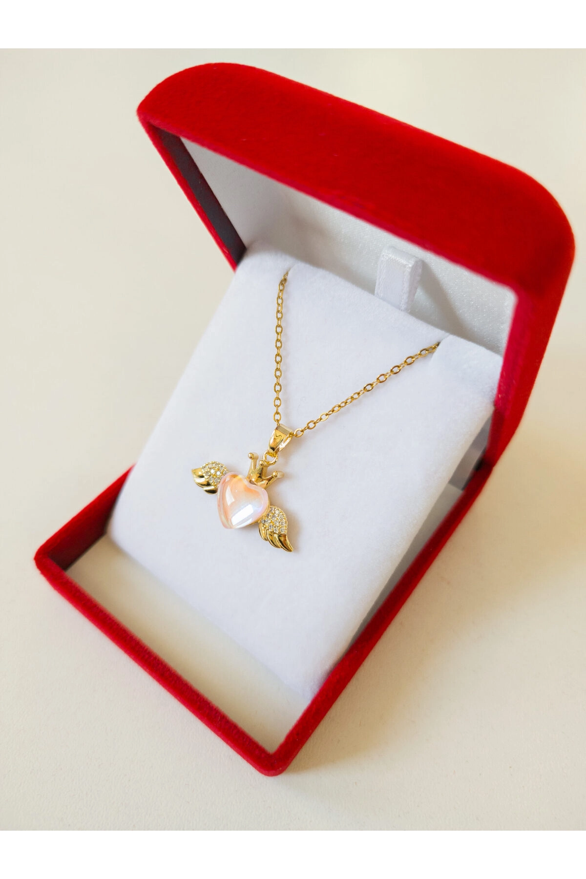 Lüx Kadife Kutuda | Kanatlı Pembe Kalp Kolye | 316l Çelik - Kararmaz | Hediye Kadın-3