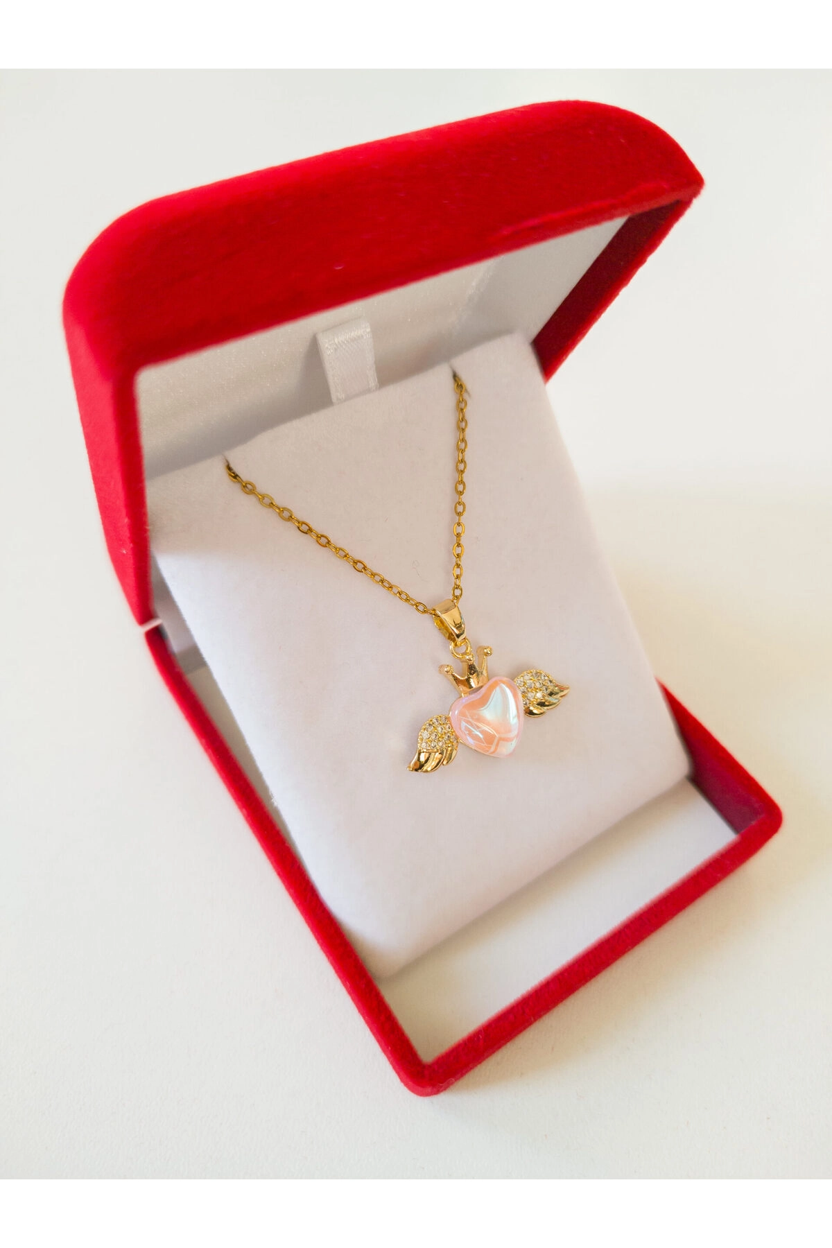 Lüx Kadife Kutuda | Kanatlı Pembe Kalp Kolye | 316l Çelik - Kararmaz | Hediye Kadın-4