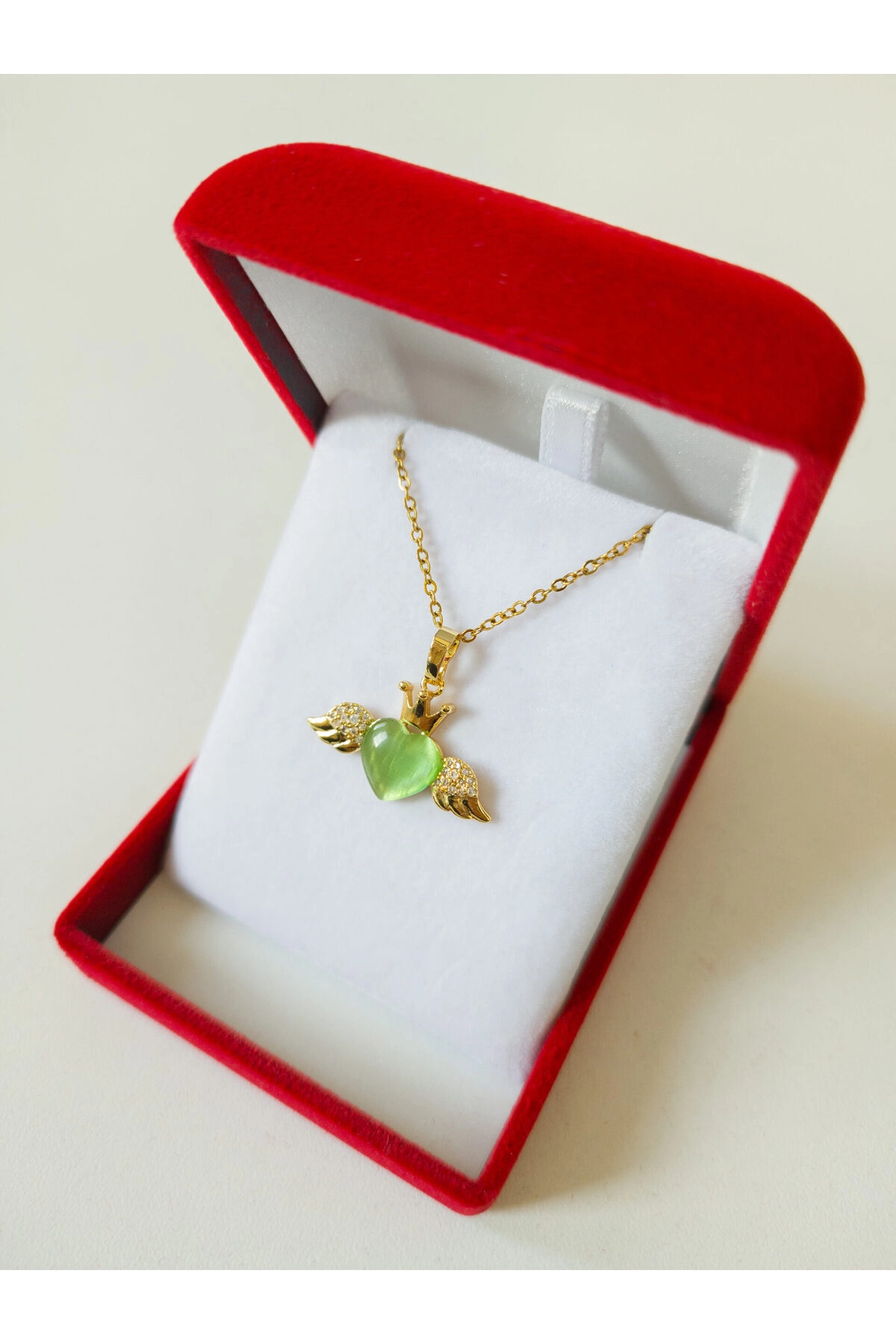 Lüx Kadife Kutuda | Kanatlı Yeşil Kalp Kolye | 316l Çelik - Kararmaz | Hediye Kadın-0