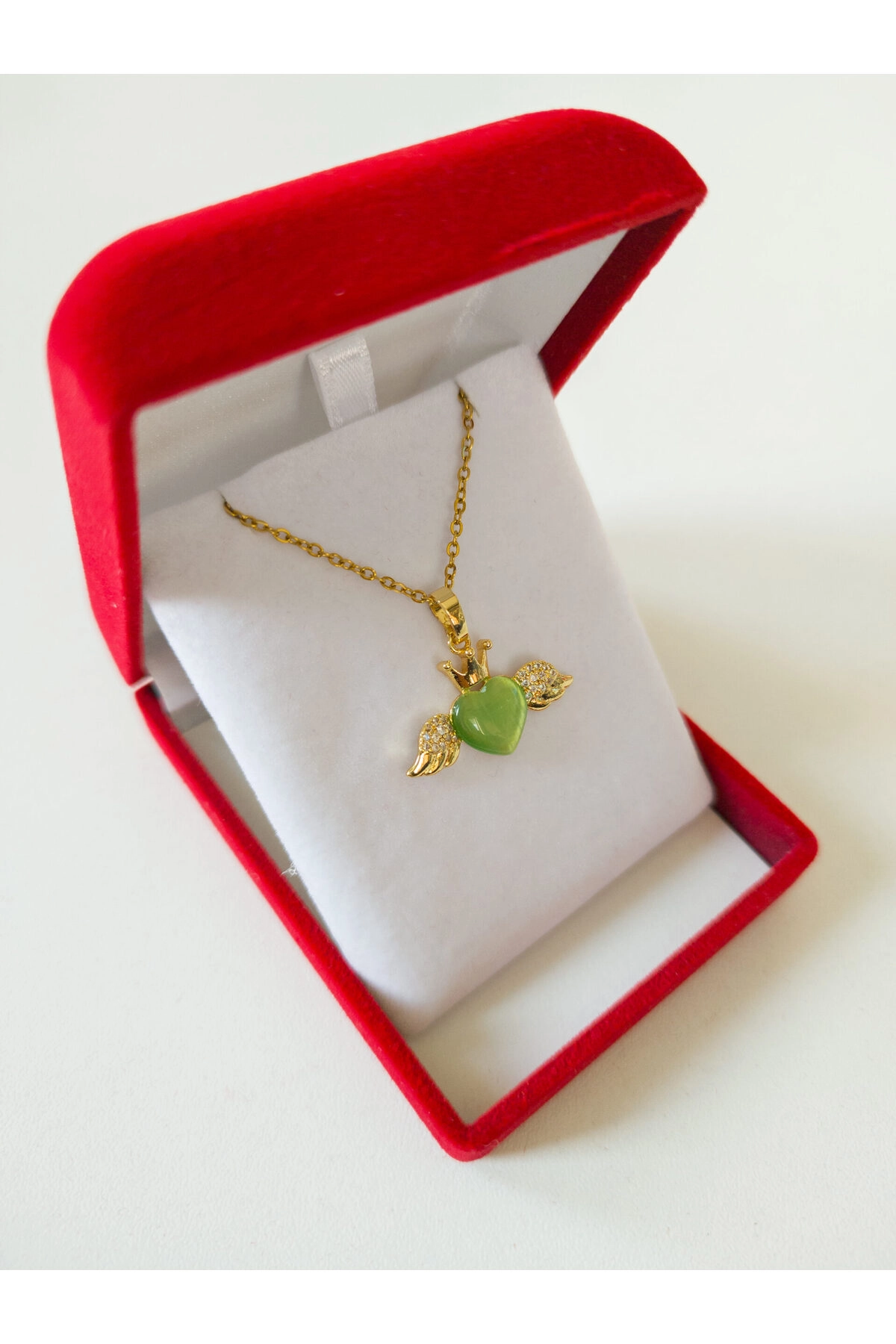 Lüx Kadife Kutuda | Kanatlı Yeşil Kalp Kolye | 316l Çelik - Kararmaz | Hediye Kadın-3