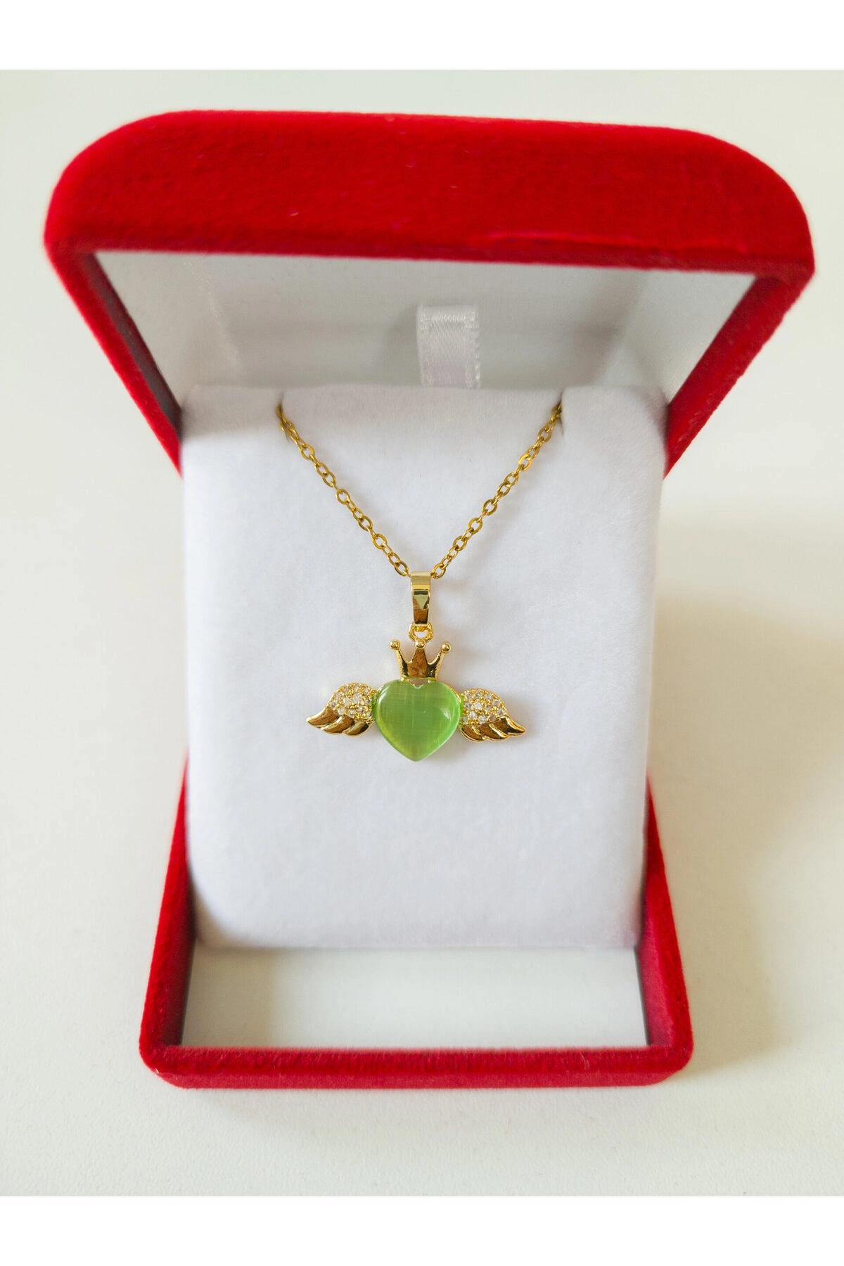 Lüx Kadife Kutuda | Kanatlı Yeşil Kalp Kolye | 316l Çelik - Kararmaz | Hediye Kadın-4