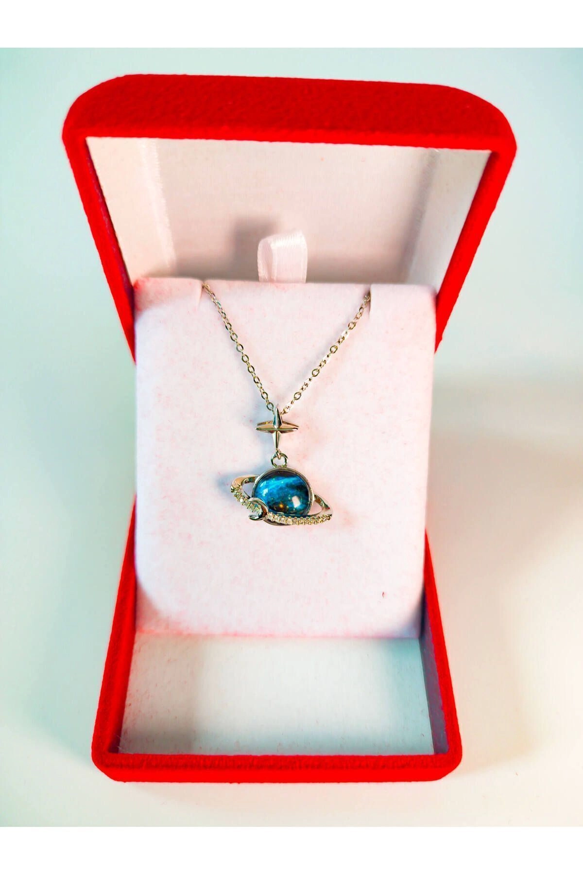 Lüx Kadife Kutuda Mavi Satürn Gümüş Gezegen Kolye | 316l Çelik - Kararmaz | Hediye Kadın-3