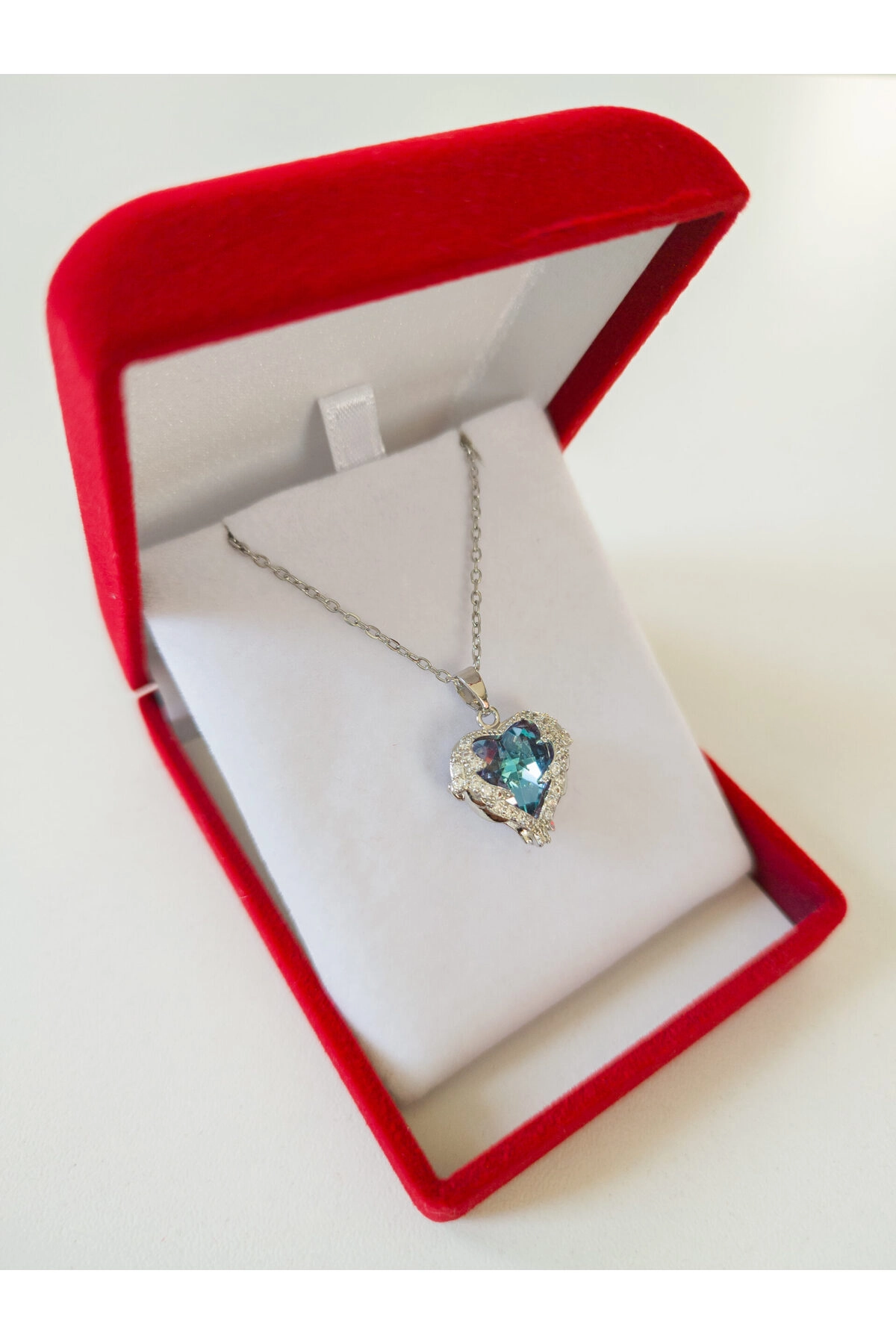 Lüx Kadife Kutuda | Mavi Taşlı Okyanus Kalp Kolye | 316l Çelik - Kararmaz | Hediye Kadın-0