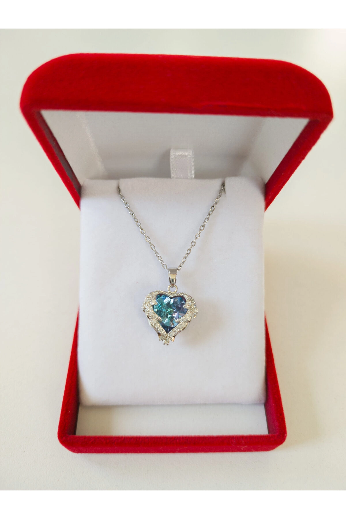 Lüx Kadife Kutuda | Mavi Taşlı Okyanus Kalp Kolye | 316l Çelik - Kararmaz | Hediye Kadın-3