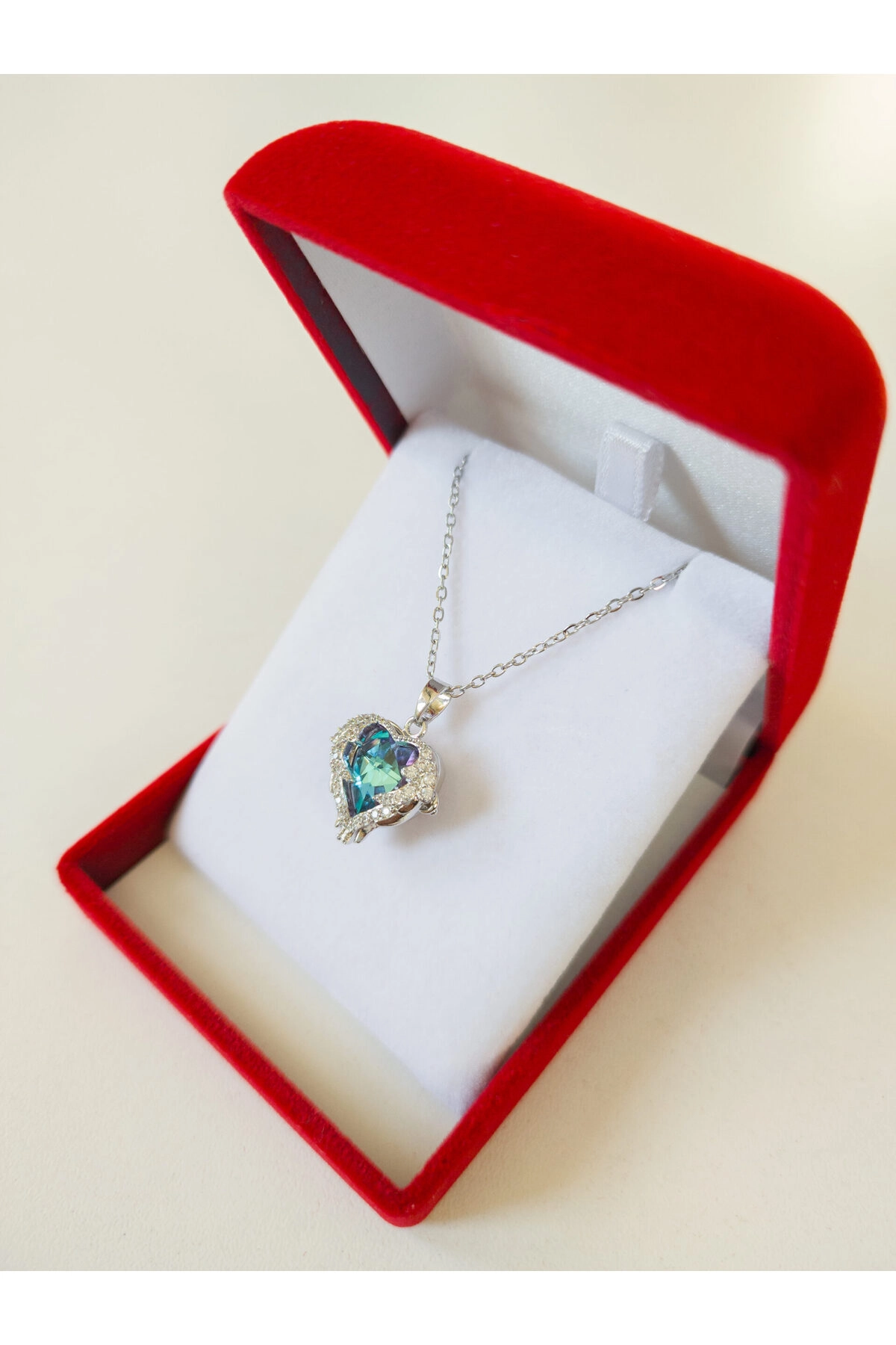 Lüx Kadife Kutuda | Mavi Taşlı Okyanus Kalp Kolye | 316l Çelik - Kararmaz | Hediye Kadın-4