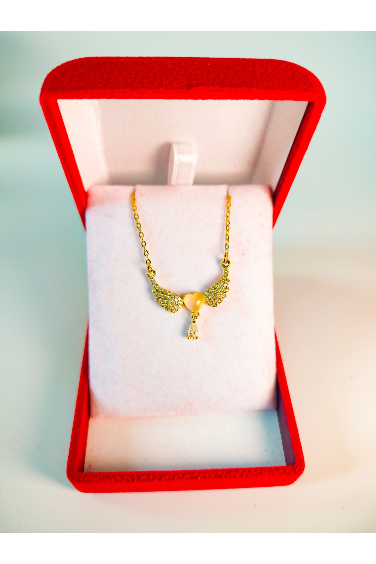 Lüx Kadife Kutuda | Melek Kanatlı Kalp Kolye | 316l Çelik - Kararmaz | Hediye Kadın-3