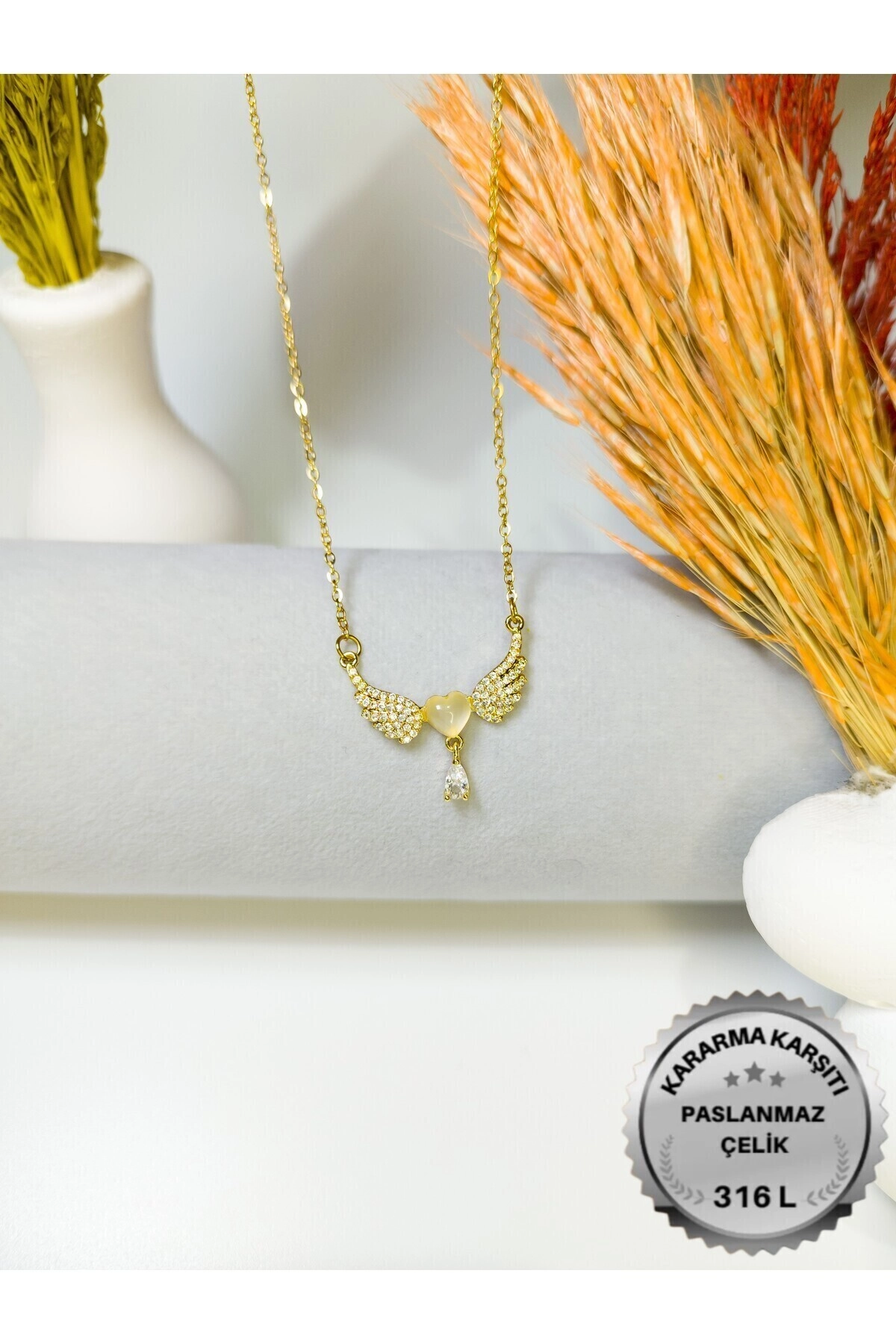 Lüx Kadife Kutuda | Melek Kanatlı Kalp Kolye | 316l Çelik - Kararmaz | Hediye Kadın-5