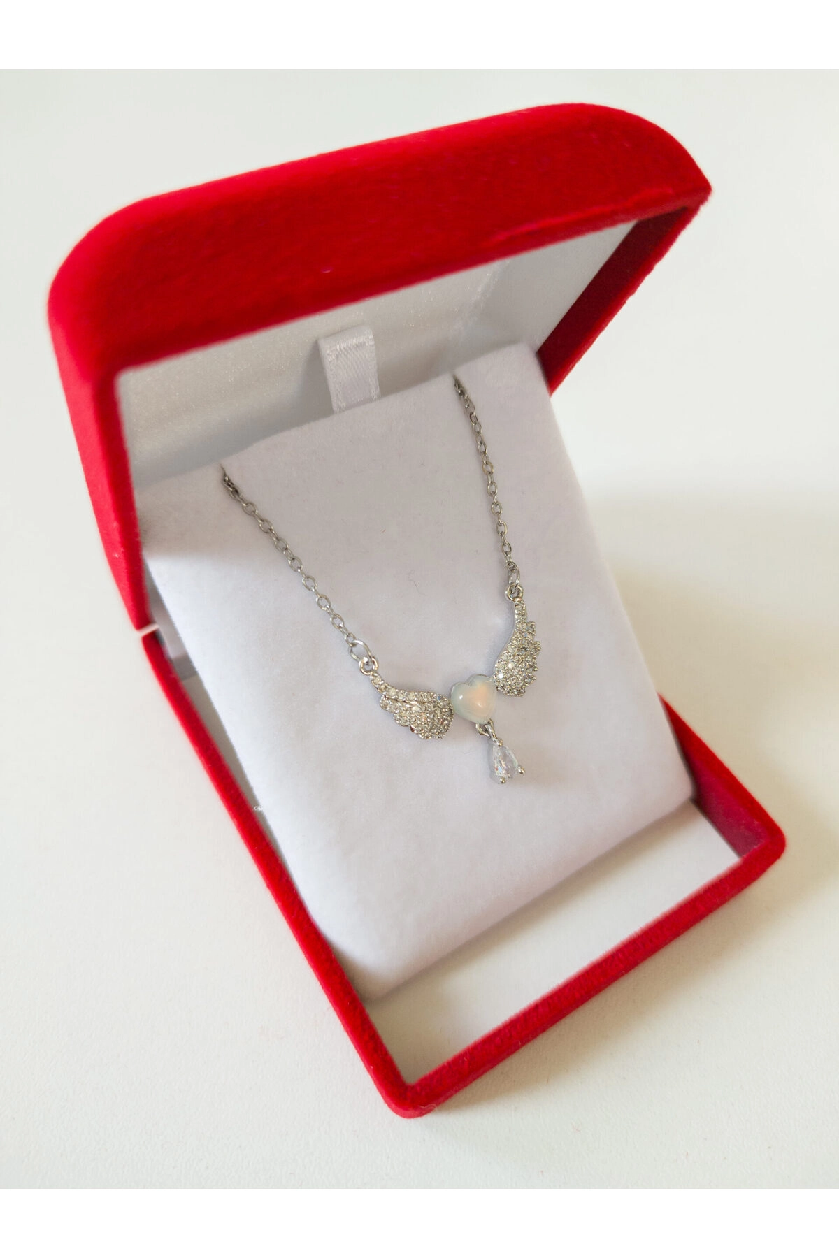 Lüx Kadife Kutuda | Melek Kanatlı Kalp Kolye Gümüş | 316l Çelik - Kararmaz | Hediye Paketi-2