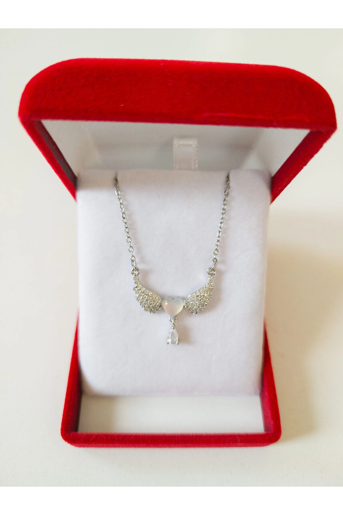 Lüx Kadife Kutuda | Melek Kanatlı Kalp Kolye Gümüş | 316l Çelik - Kararmaz | Hediye Paketi-4