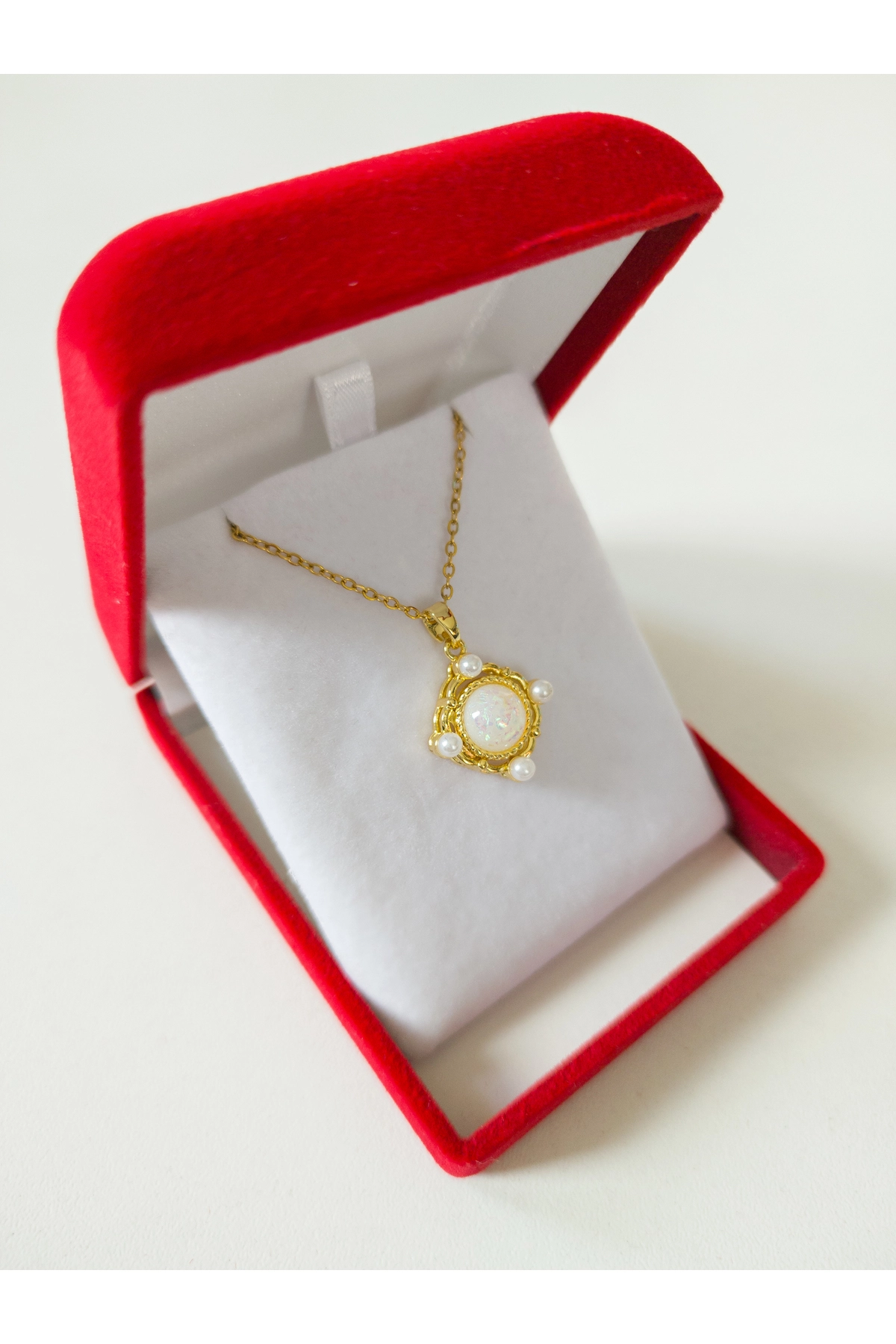 Lüx Kadife Kutuda | Opal Taşlı Hologram Uzay Kolye | 316l Çelik - Kararmaz | Hediye Kadın-3