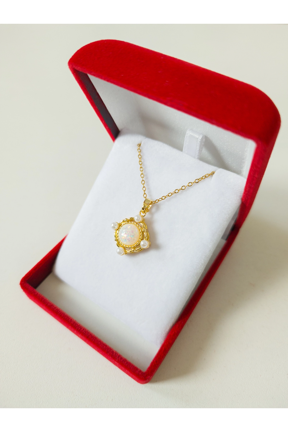 Lüx Kadife Kutuda | Opal Taşlı Hologram Uzay Kolye | 316l Çelik - Kararmaz | Hediye Kadın-4