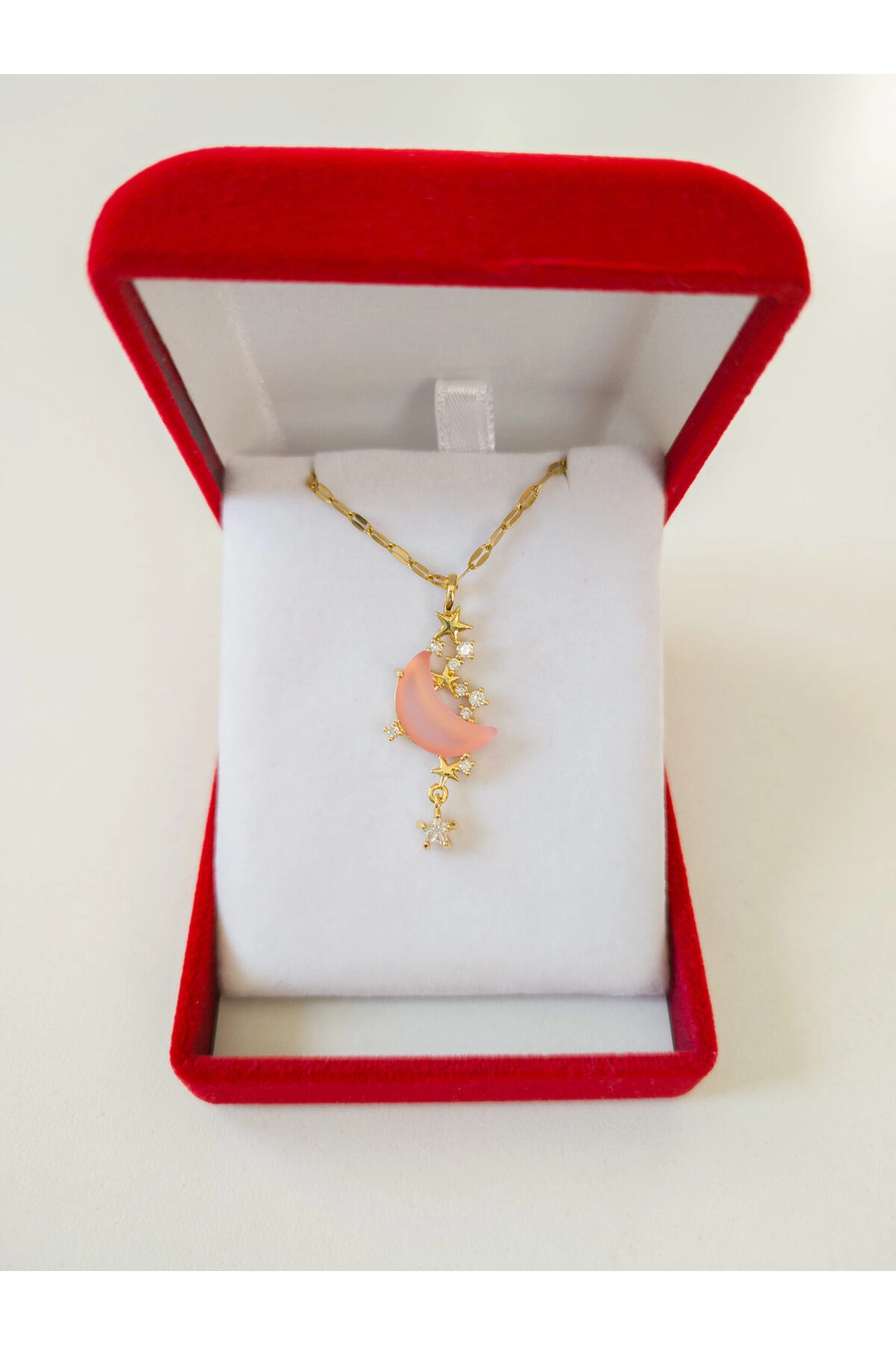 Lüx Kadife Kutuda | Opal Taşlı Pembe Ay Kolye Gold | 316l Çelik - Kararmaz | Hediye Kadın-0
