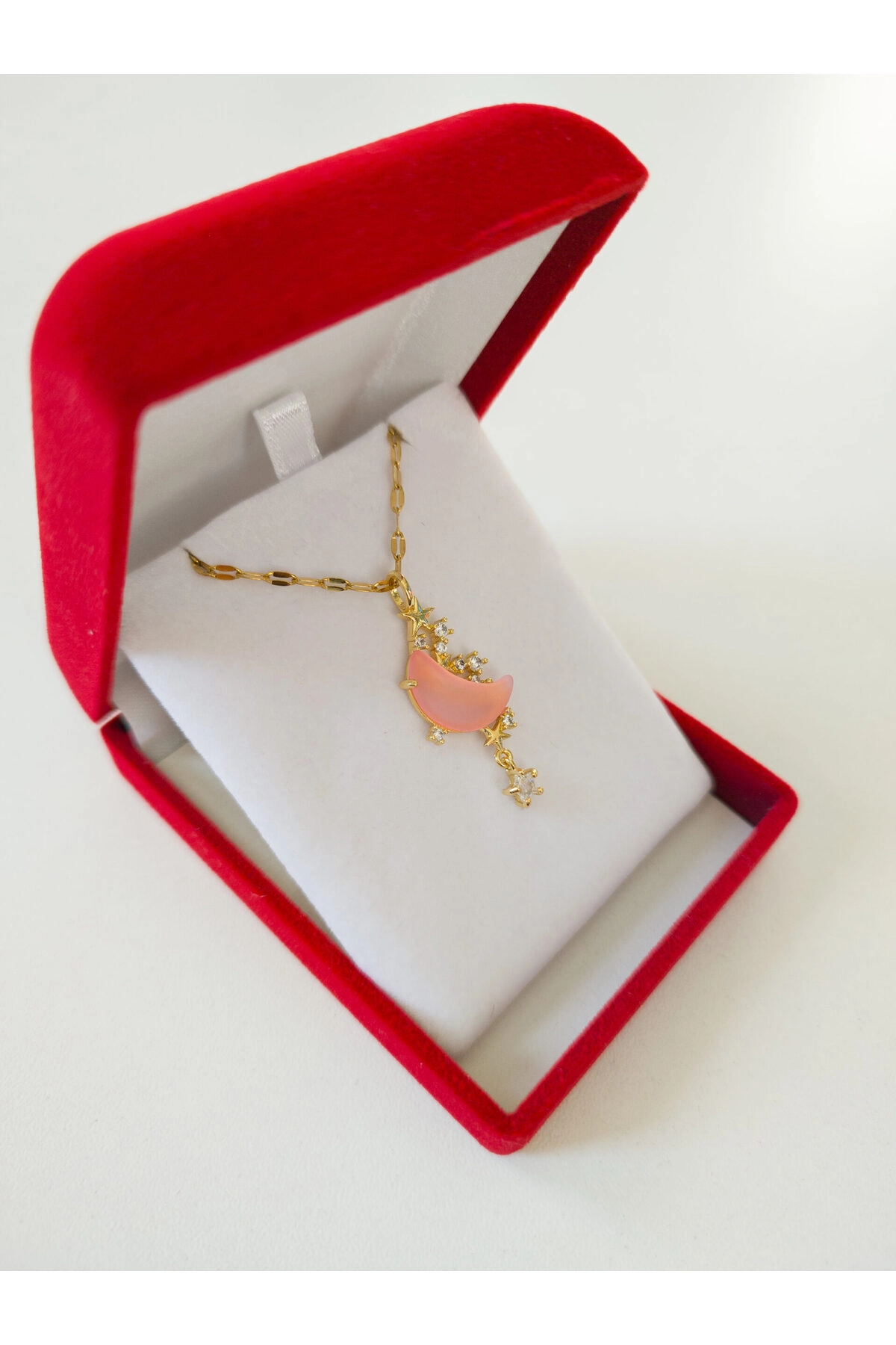 Lüx Kadife Kutuda | Opal Taşlı Pembe Ay Kolye Gold | 316l Çelik - Kararmaz | Hediye Kadın-3