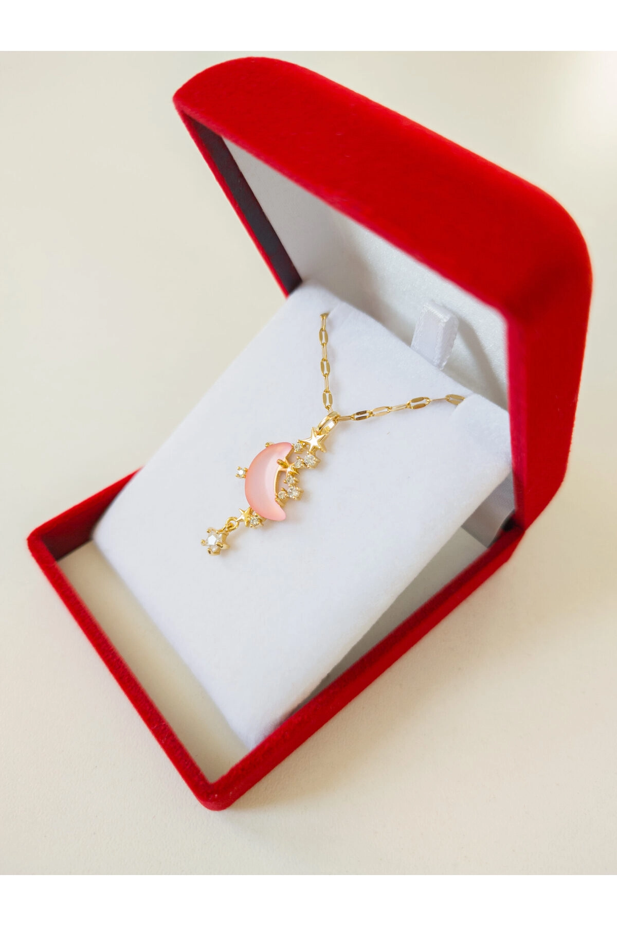 Lüx Kadife Kutuda | Opal Taşlı Pembe Ay Kolye Gold | 316l Çelik - Kararmaz | Hediye Kadın-4