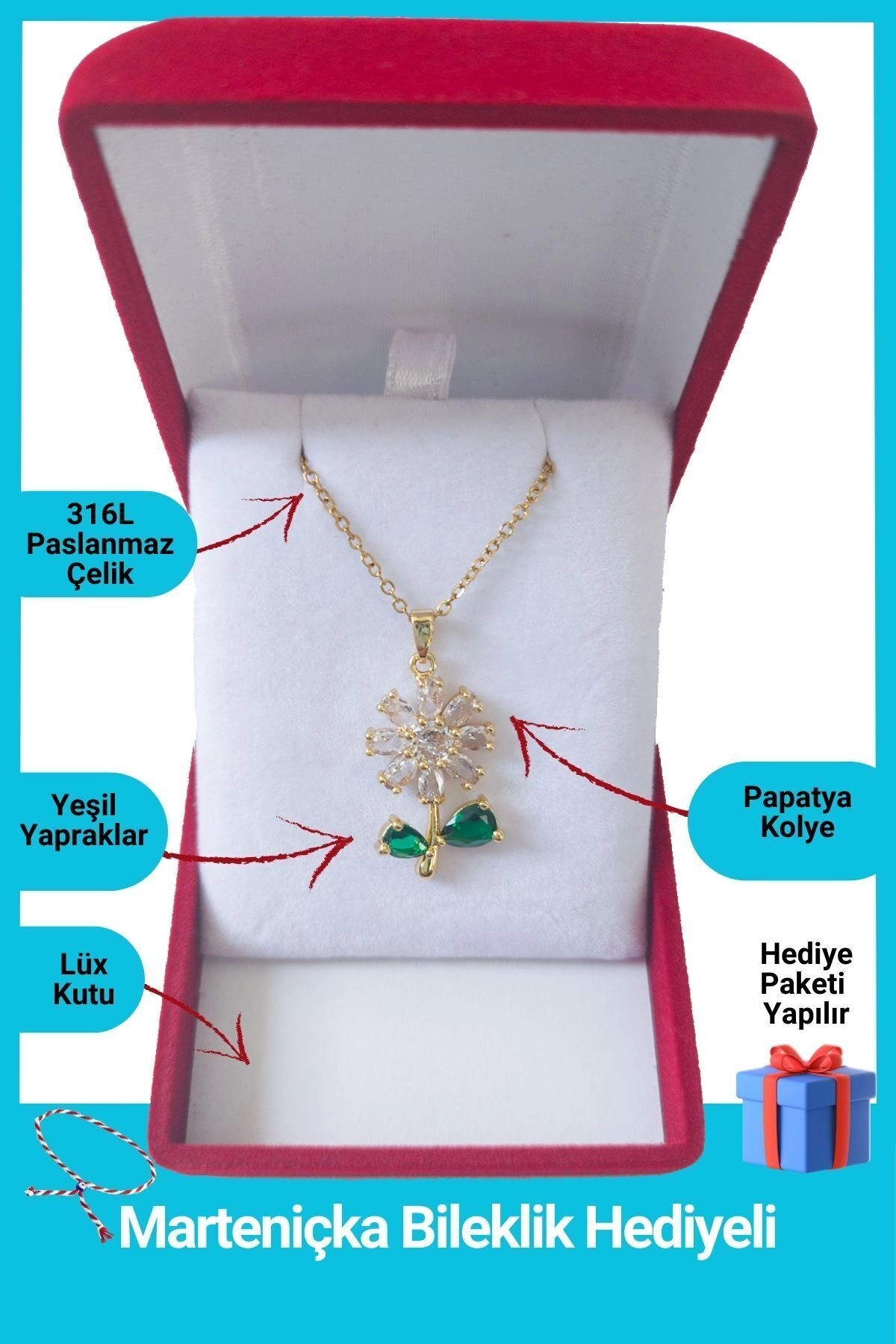 Lüx Kadife Kutuda | Papatya Kolye | Zarif Zincir | 316l Çelik - Kararmaz | Hediye Kadın-0