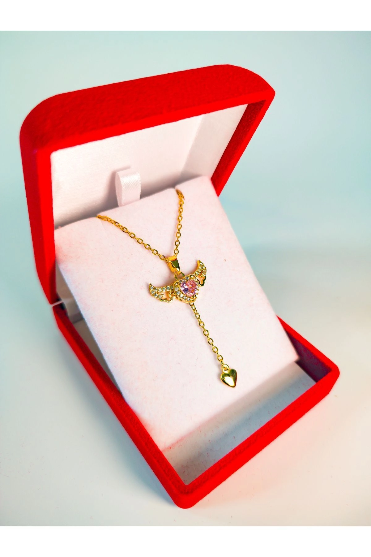 Lüx Kadife Kutuda | Pembe Taşlı Melek Kanatlı Kalp Kolye | 316l Çelik - Kararmaz | Hediye Kadın-3