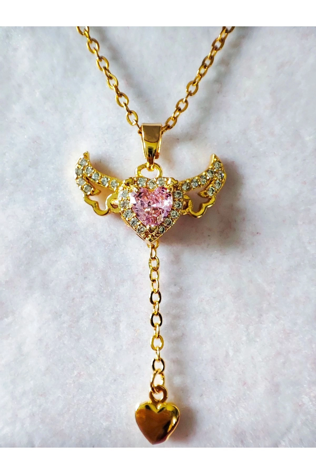 Lüx Kadife Kutuda | Pembe Taşlı Melek Kanatlı Kalp Kolye | 316l Çelik - Kararmaz | Hediye Kadın-5