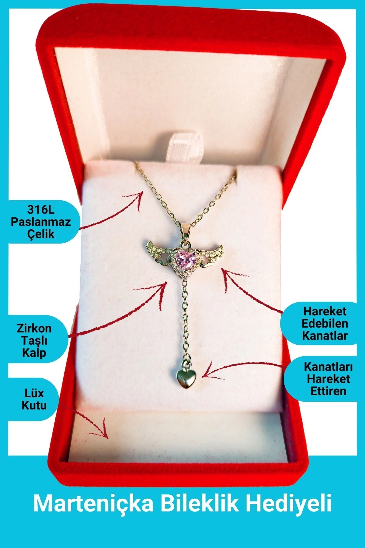 Lüx Kadife Kutuda | Pembe Taşlı Melek Kanatlı Kalp Kolye | 316l Çelik - Kararmaz | Hediye Kadın-0