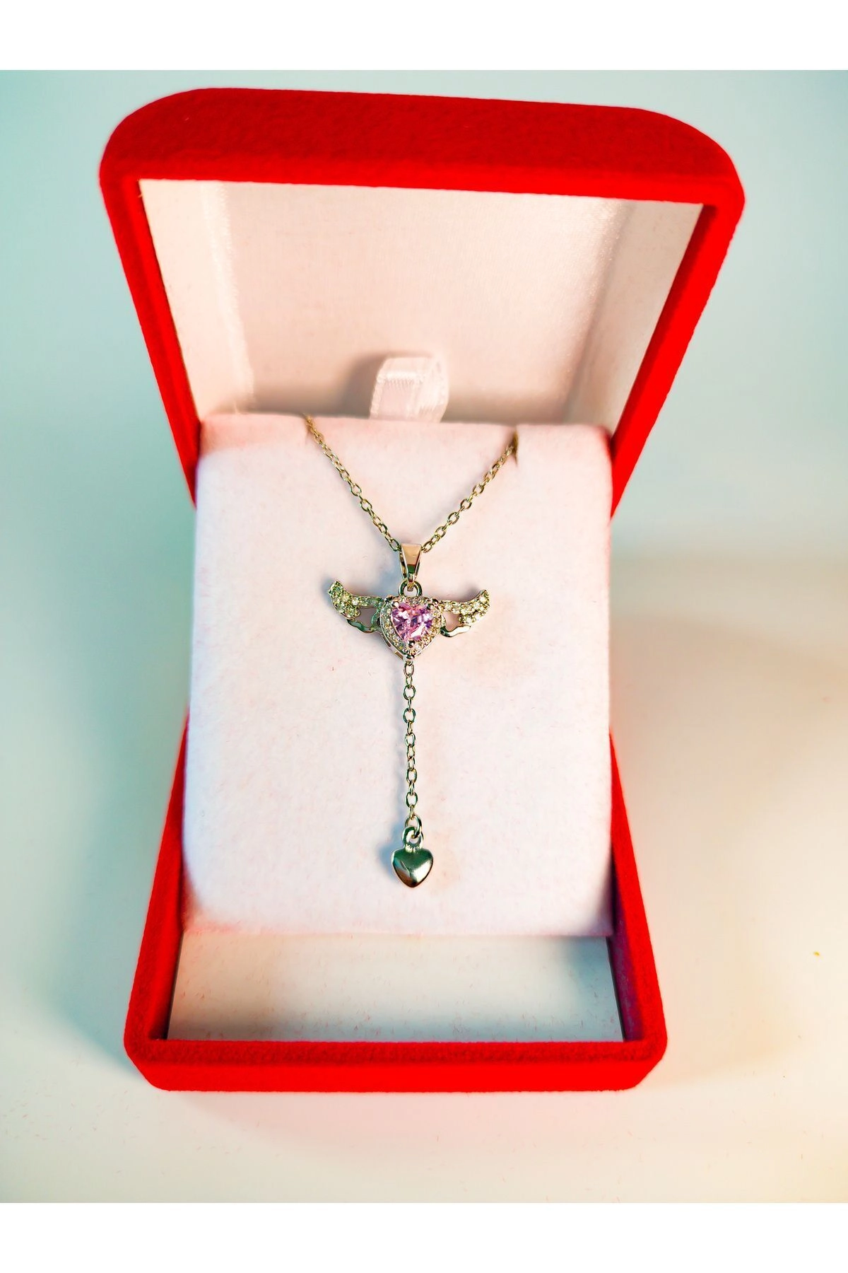 Lüx Kadife Kutuda | Pembe Taşlı Melek Kanatlı Kalp Kolye | 316l Çelik - Kararmaz | Hediye Kadın-3