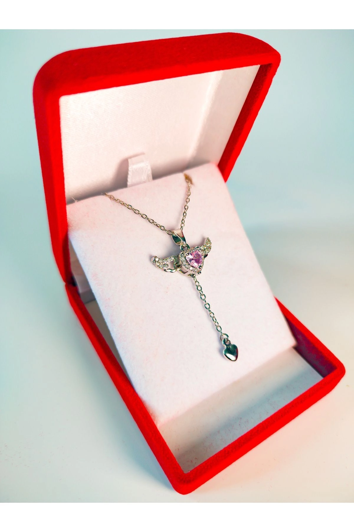Lüx Kadife Kutuda | Pembe Taşlı Melek Kanatlı Kalp Kolye | 316l Çelik - Kararmaz | Hediye Kadın-4