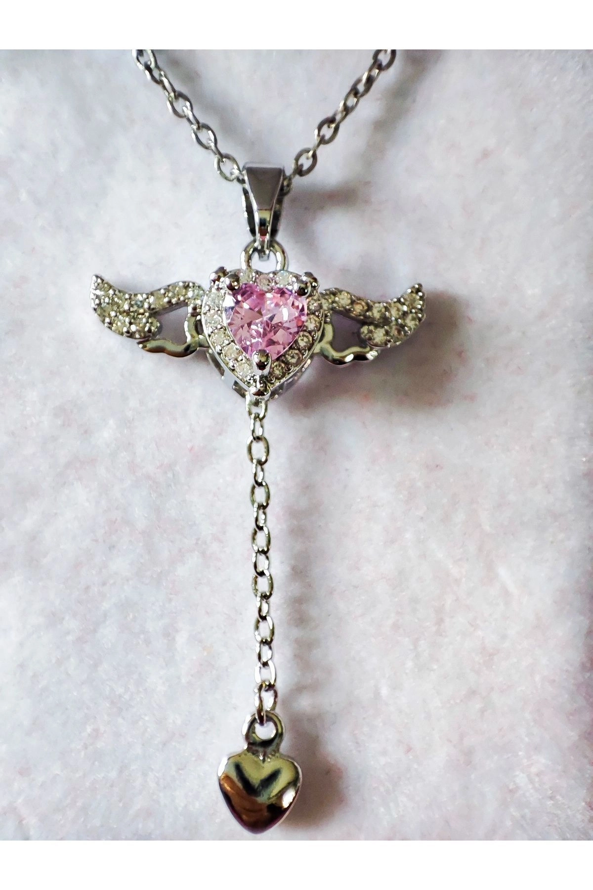 Lüx Kadife Kutuda | Pembe Taşlı Melek Kanatlı Kalp Kolye | 316l Çelik - Kararmaz | Hediye Kadın-5