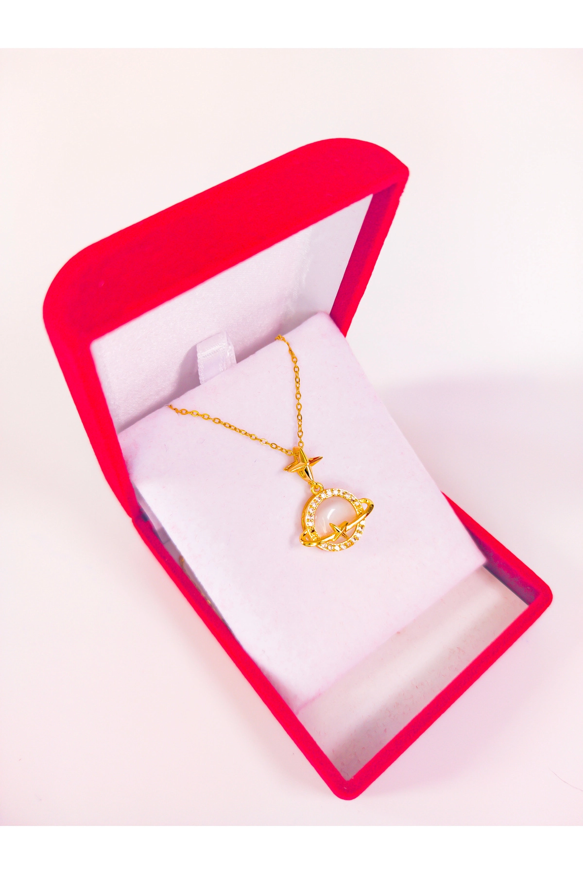 Lüx Kadife Kutuda Satürn Star Kolye Gold | 316l Çelik - Kararmaz | Hediye Kadın-7