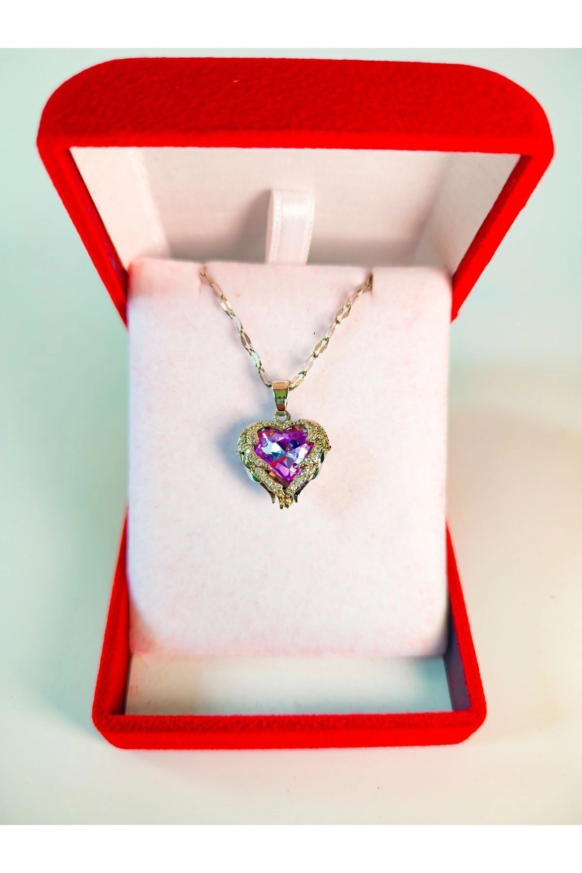 Lüx Kadife Kutuda | Zirkon Taşlı Kalp Kolye Gümüş Renk | 316l Çelik - Kararmaz | Hediye Kadın-3