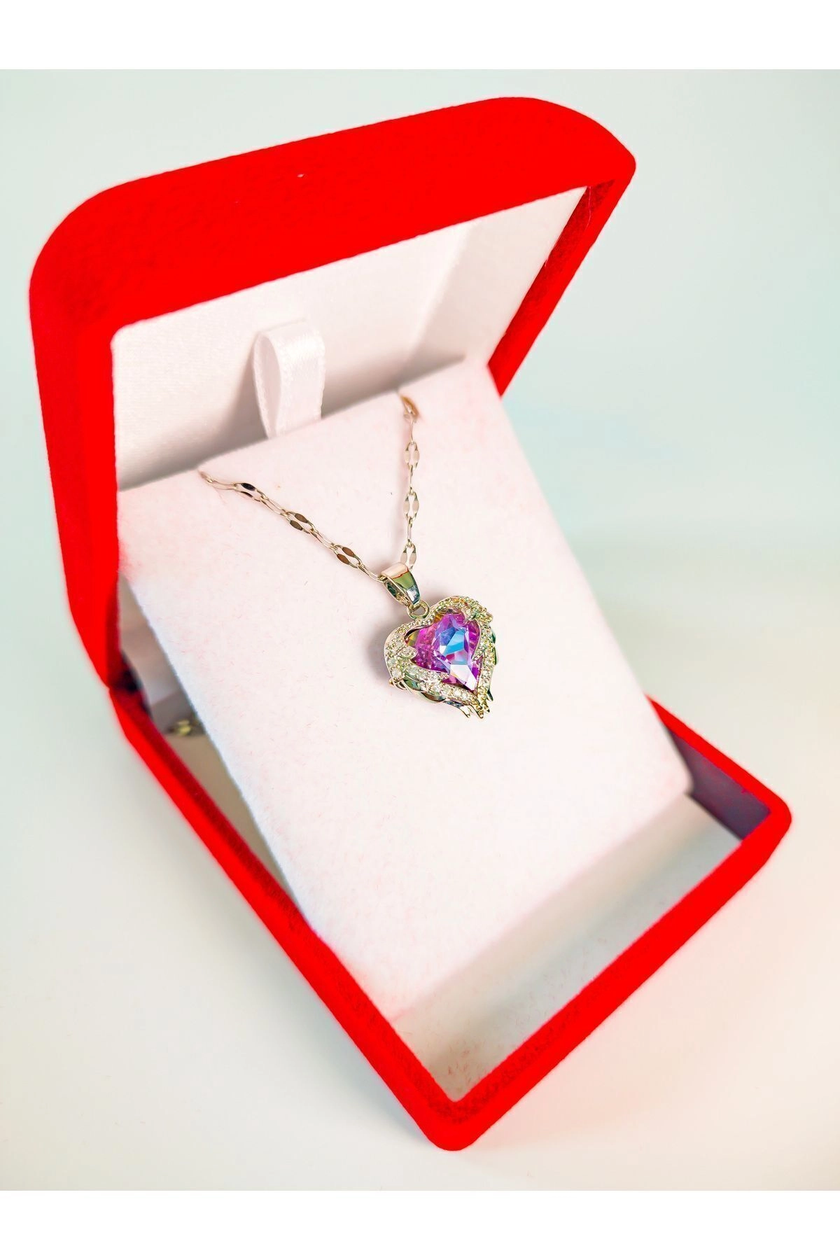 Lüx Kadife Kutuda | Zirkon Taşlı Kalp Kolye Gümüş Renk | 316l Çelik - Kararmaz | Hediye Kadın-4