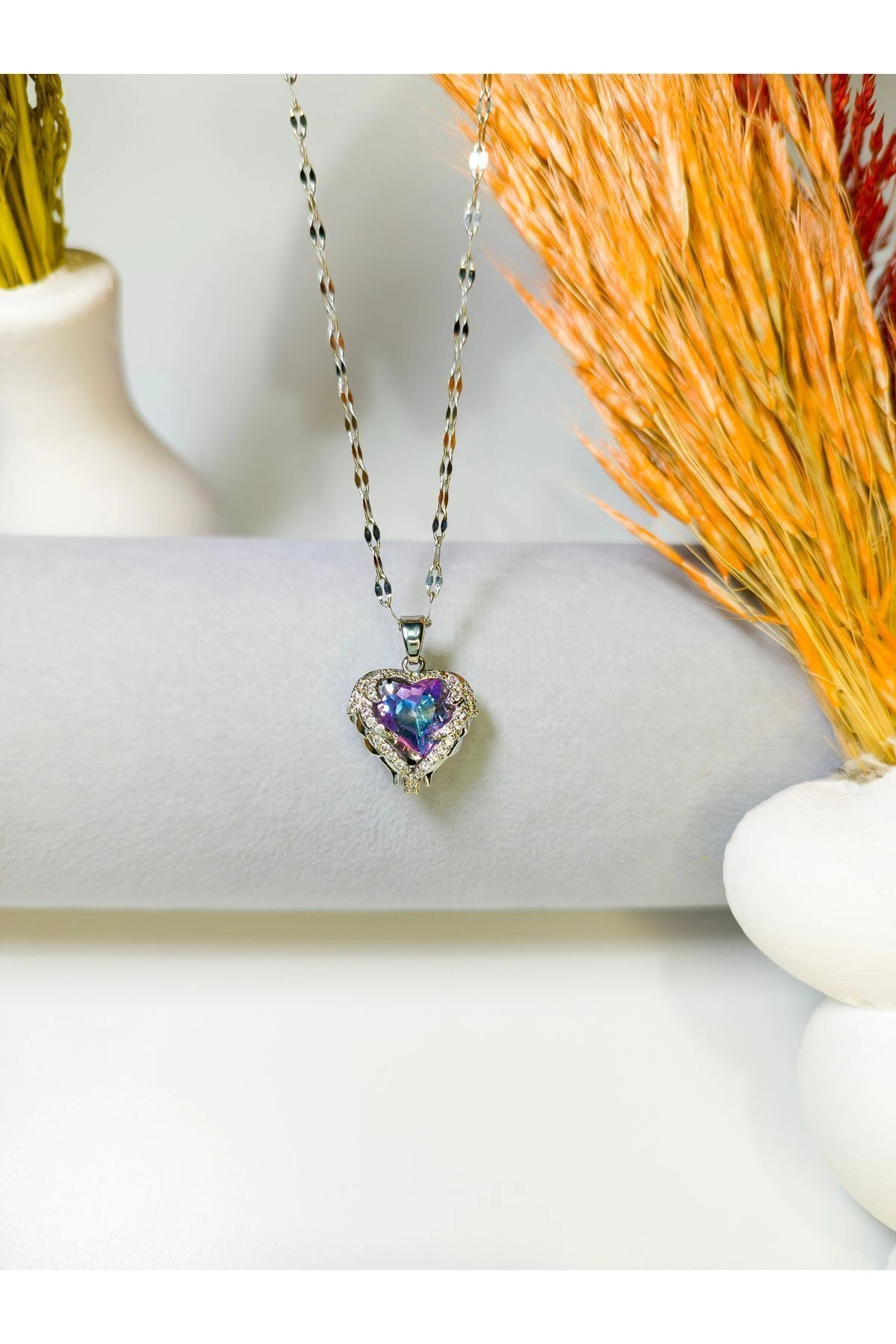 Lüx Kadife Kutuda | Zirkon Taşlı Kalp Kolye Gümüş Renk | 316l Çelik - Kararmaz | Hediye Kadın-5