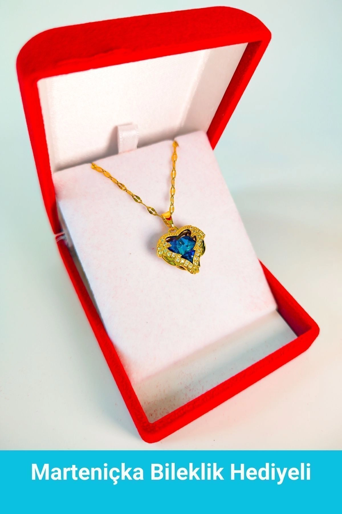 Lüx Kadife Kutuda | Zirkon Taşlı Kalp Kolye Mavi | 316l Çelik - Kararmaz | Hediye Kadın-0
