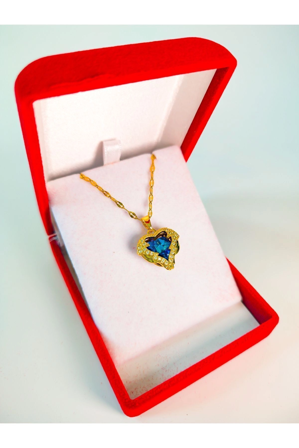 Lüx Kadife Kutuda | Zirkon Taşlı Kalp Kolye Mavi | 316l Çelik - Kararmaz | Hediye Kadın-3