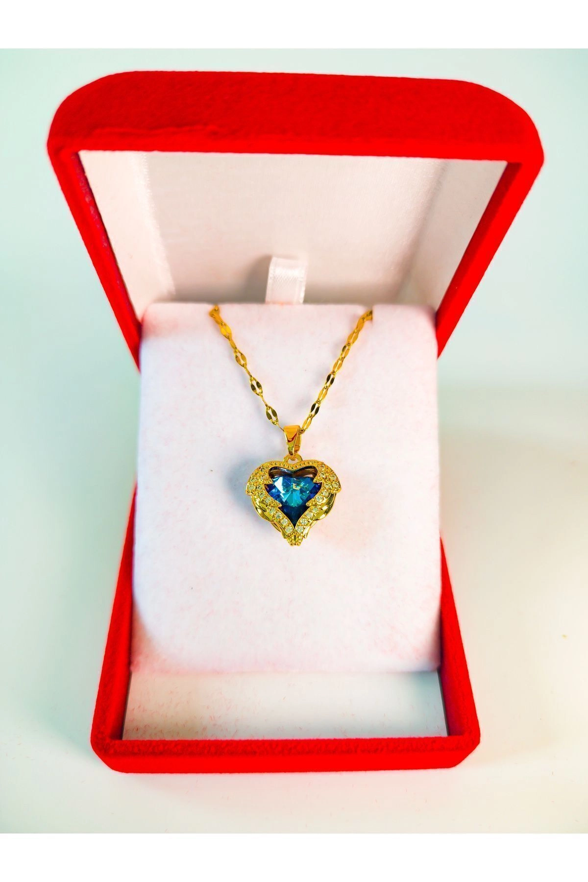 Lüx Kadife Kutuda | Zirkon Taşlı Kalp Kolye Mavi | 316l Çelik - Kararmaz | Hediye Kadın-4