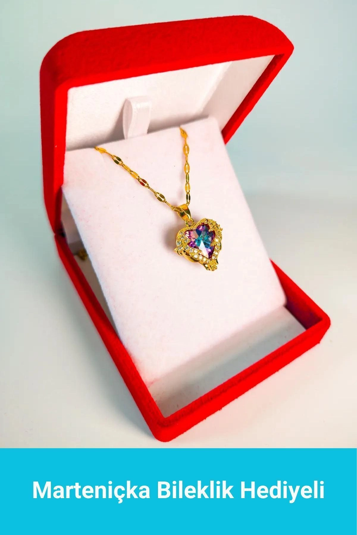 Lüx Kadife Kutuda Zirkon Taşlı Kalp Kolye Pembe | 316l Çelik - Kararmaz | Hediye Kadın-0