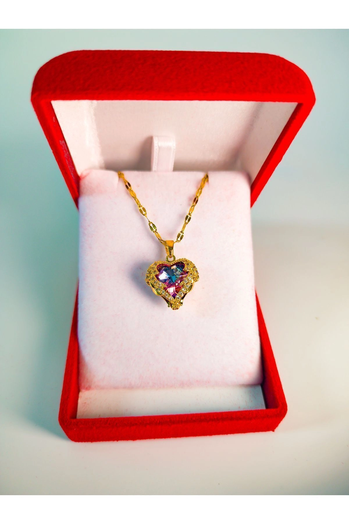 Lüx Kadife Kutuda Zirkon Taşlı Kalp Kolye Pembe | 316l Çelik - Kararmaz | Hediye Kadın-3