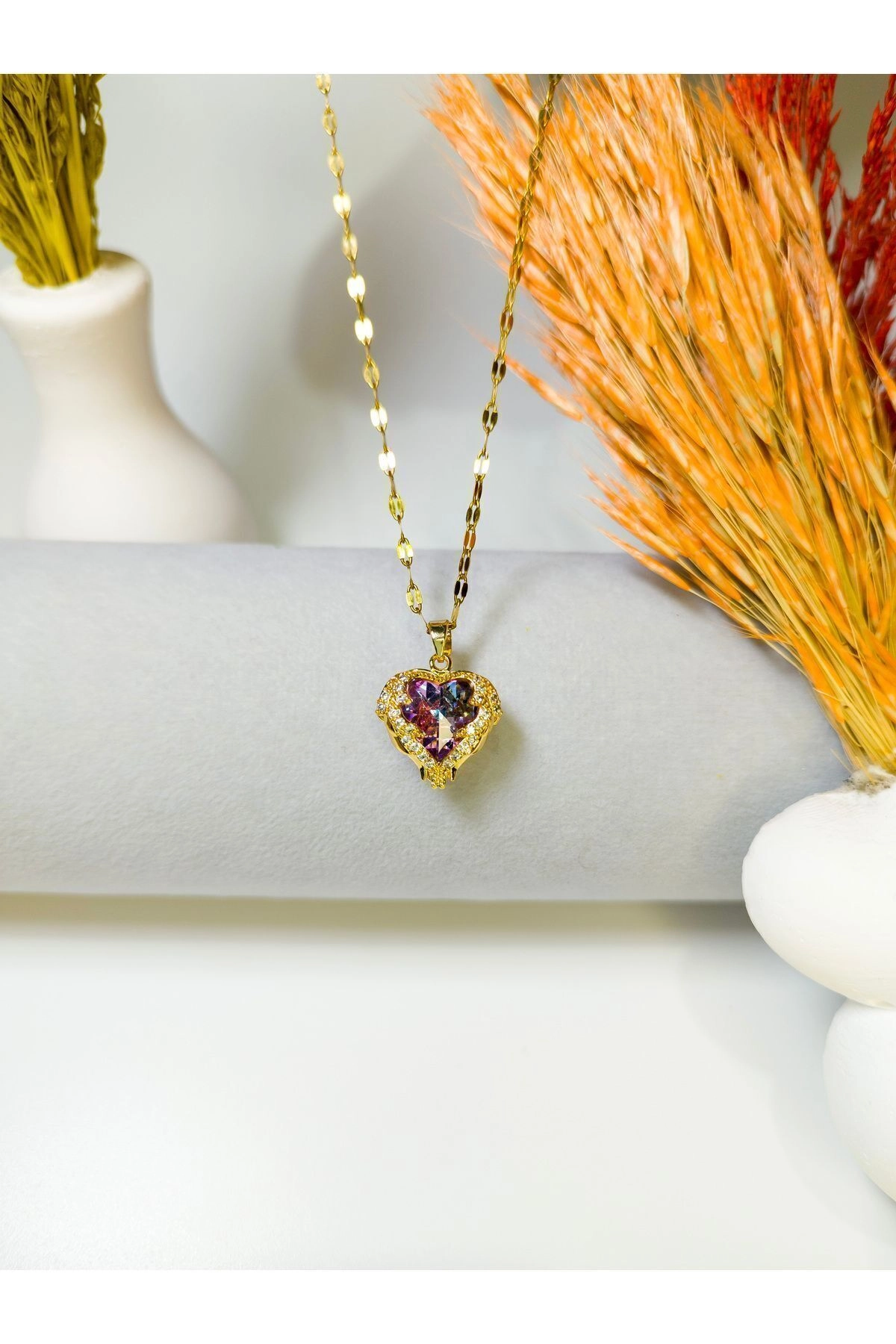 Lüx Kadife Kutuda Zirkon Taşlı Kalp Kolye Pembe | 316l Çelik - Kararmaz | Hediye Kadın-4