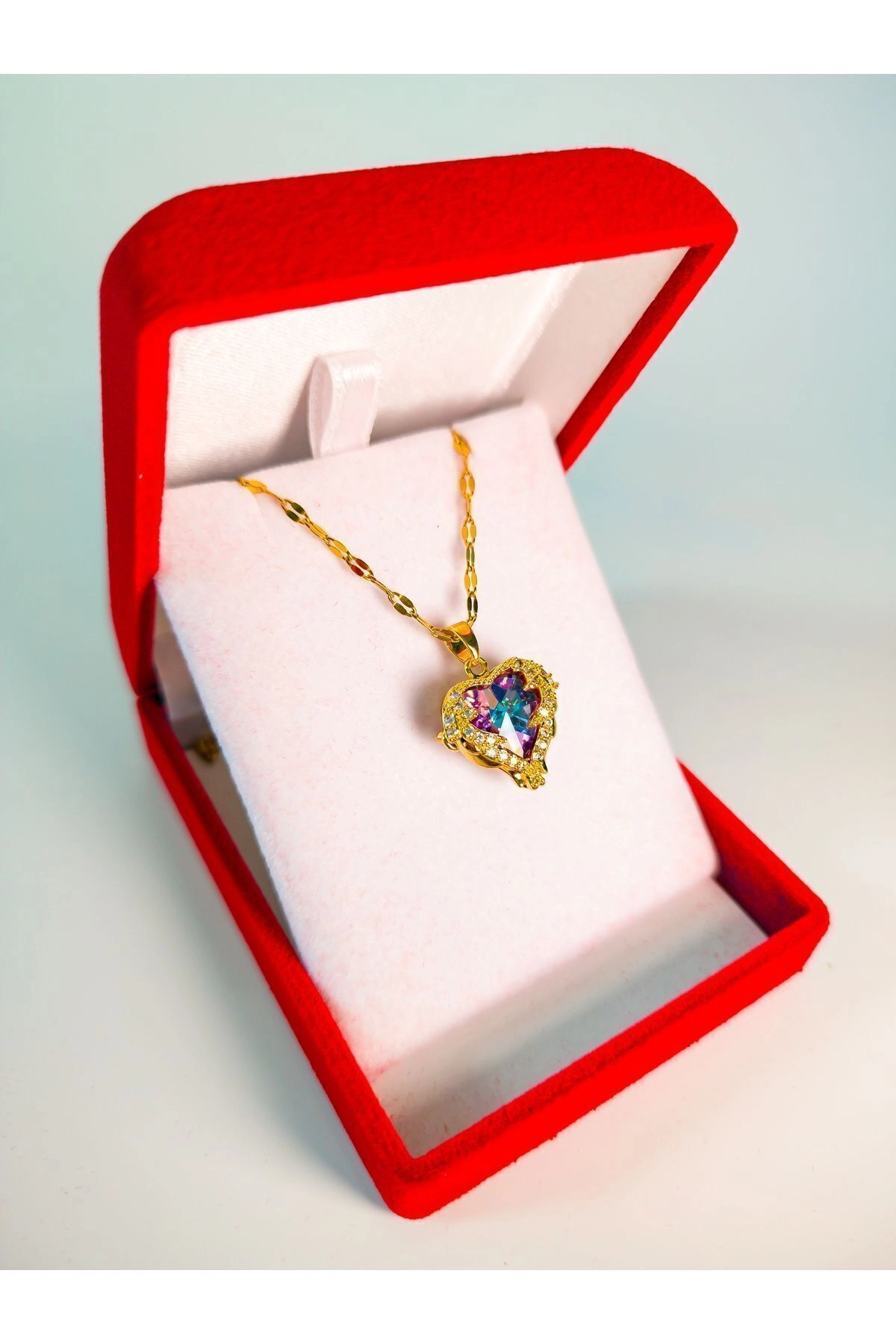 Lüx Kadife Kutuda Zirkon Taşlı Kalp Kolye Pembe | 316l Çelik - Kararmaz | Hediye Kadın-7