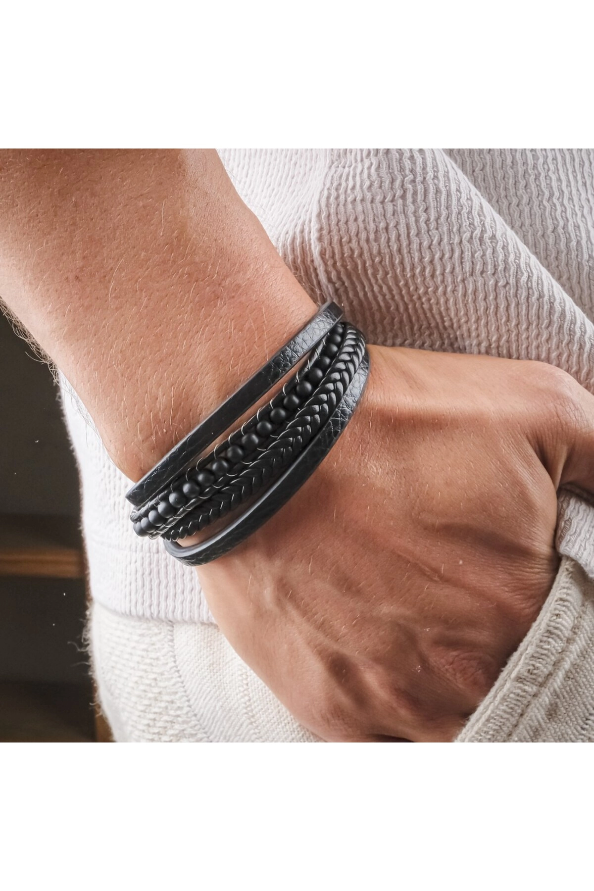 Mat Oniks Doğaltaş Ve Deri Bileklik-1