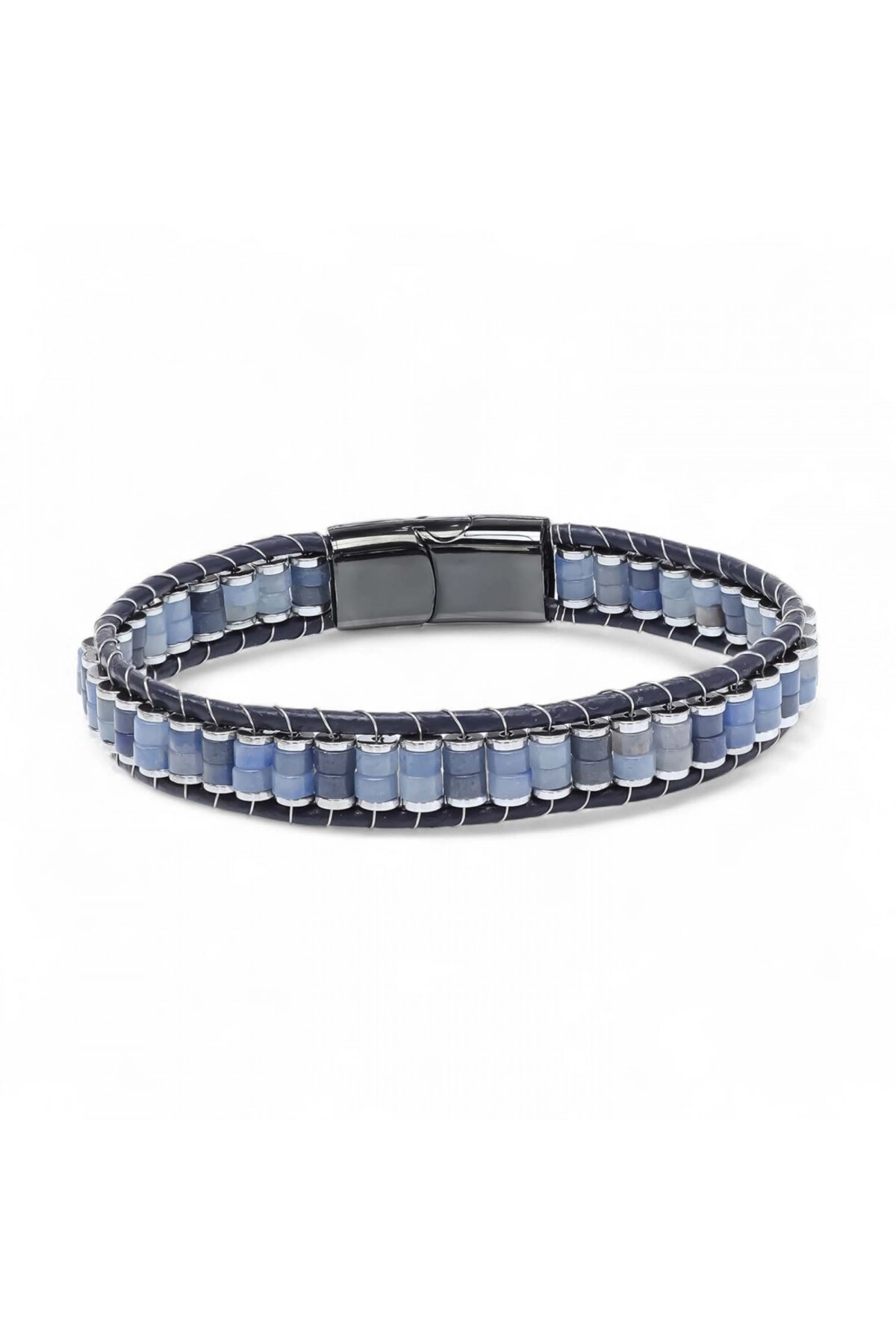 Mavi Aventurin Hematit Çelik Örgülü Deri Bileklik-0