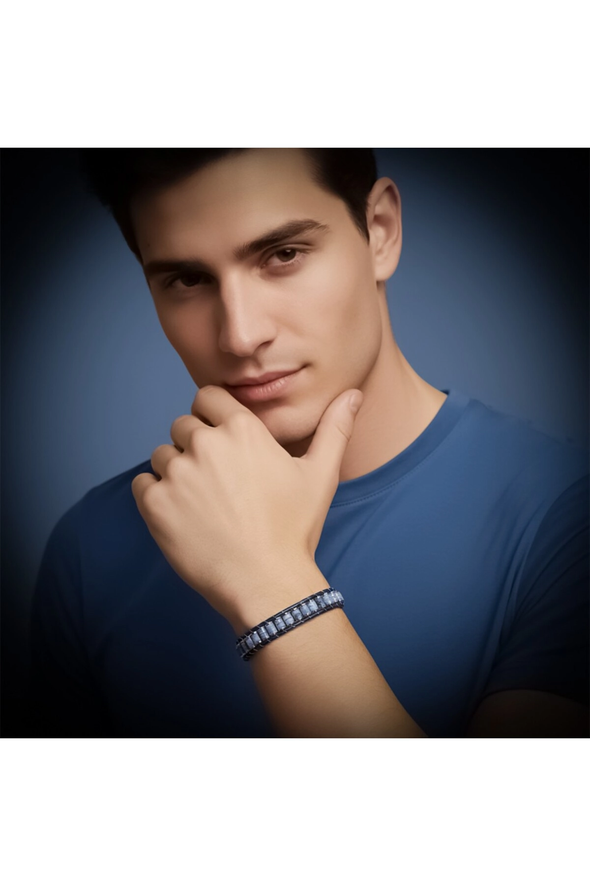 Mavi Aventurin Hematit Çelik Örgülü Deri Bileklik-1