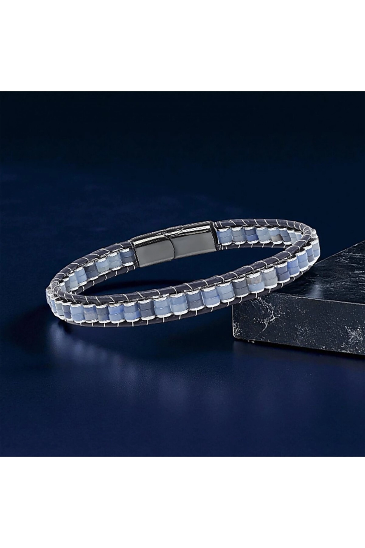 Mavi Aventurin Hematit Çelik Örgülü Deri Bileklik-2