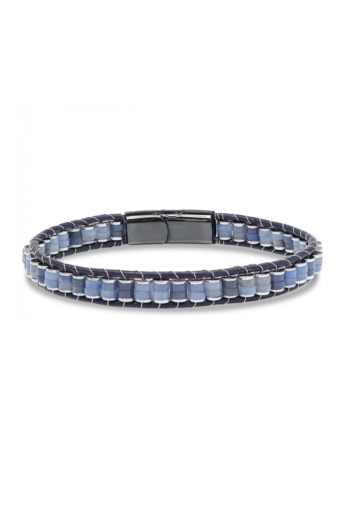 Mavi Aventurin Hematit Çelik Örgülü Deri Bileklik-3