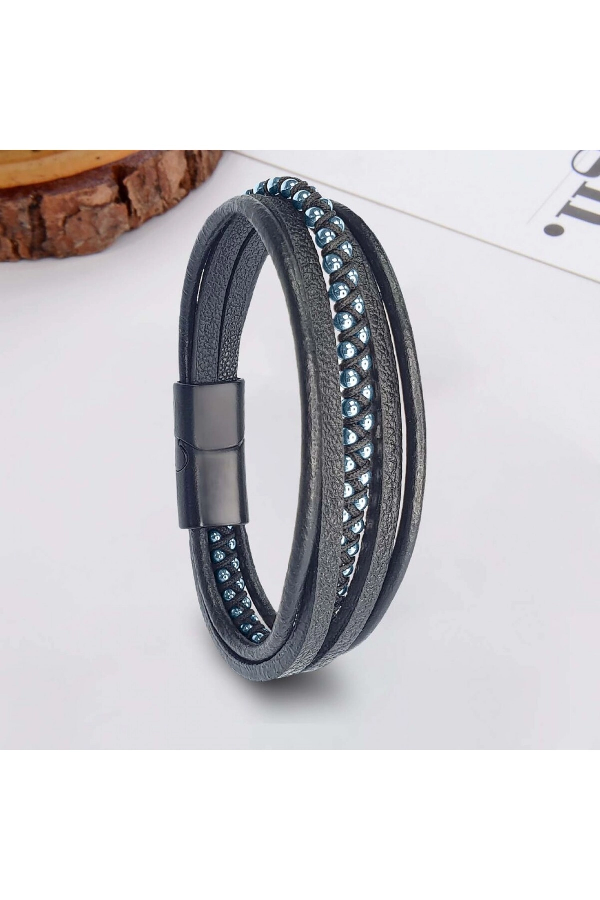 Mavi Hematit Ve Çoklu Deri Bileklik-1